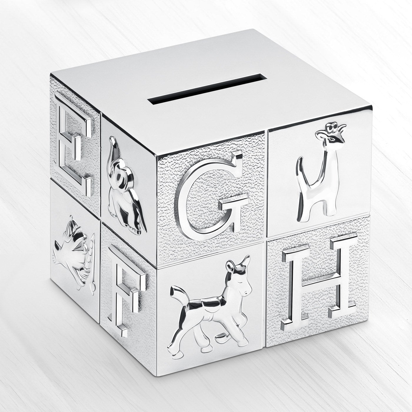 Caja de ahorros Murrano en forma de cubo de plata con personalización para el cumpleaños de mi sobrina
