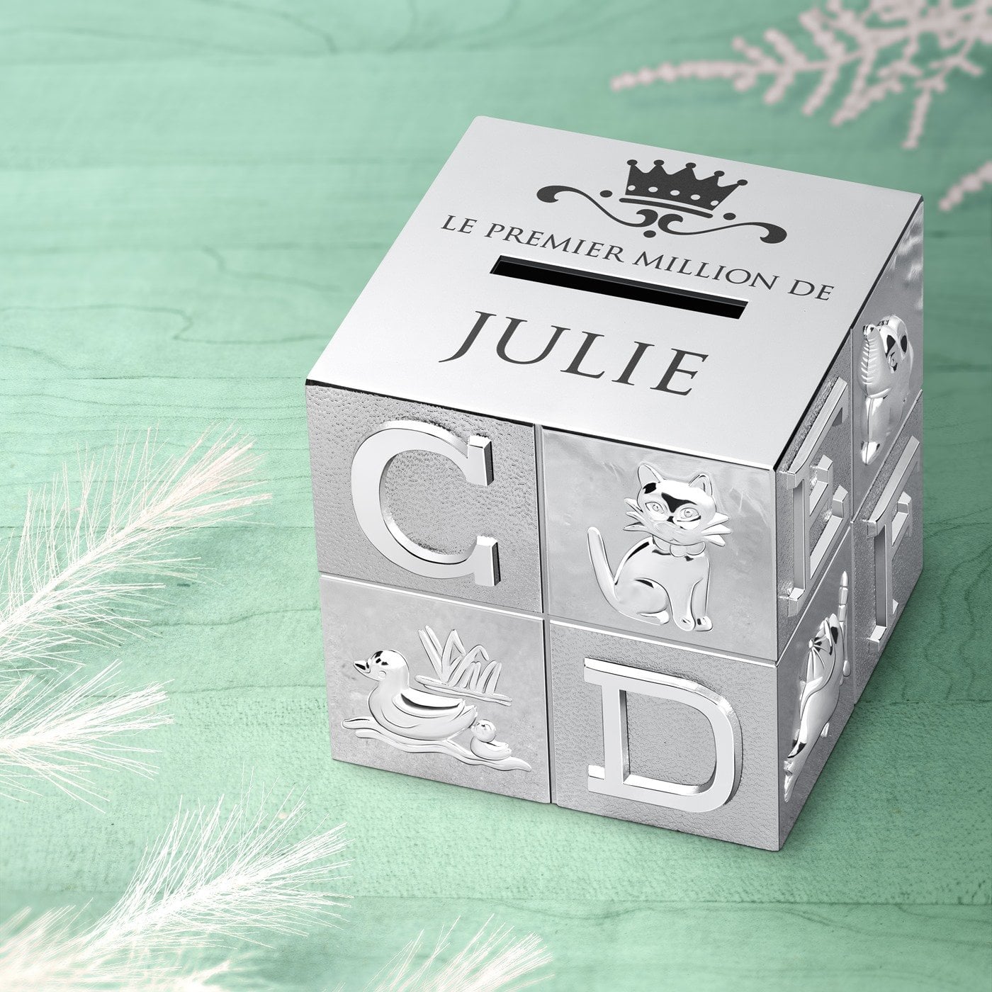 Caja de ahorros Murrano en forma de cubo de plata con personalización para el cumpleaños de mi sobrina