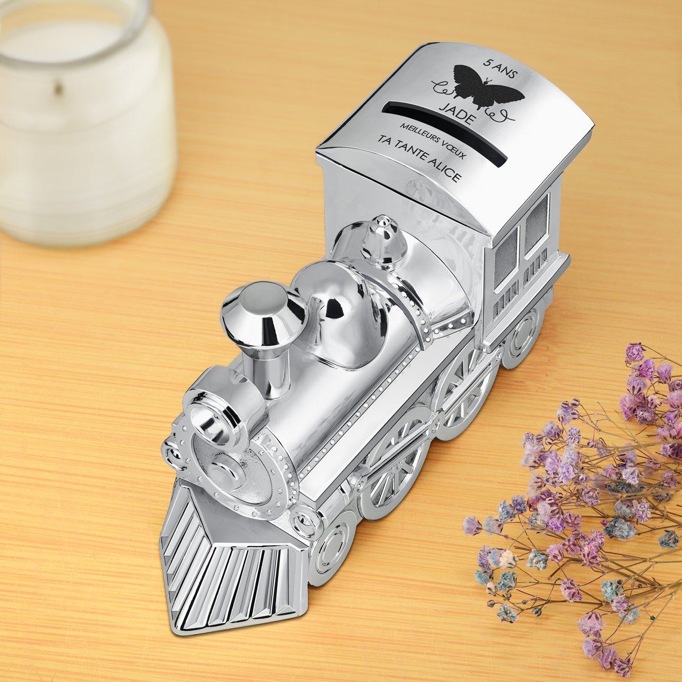 Murrano Silver Train Piggy Bank with Personalization for Girl's Anniversary