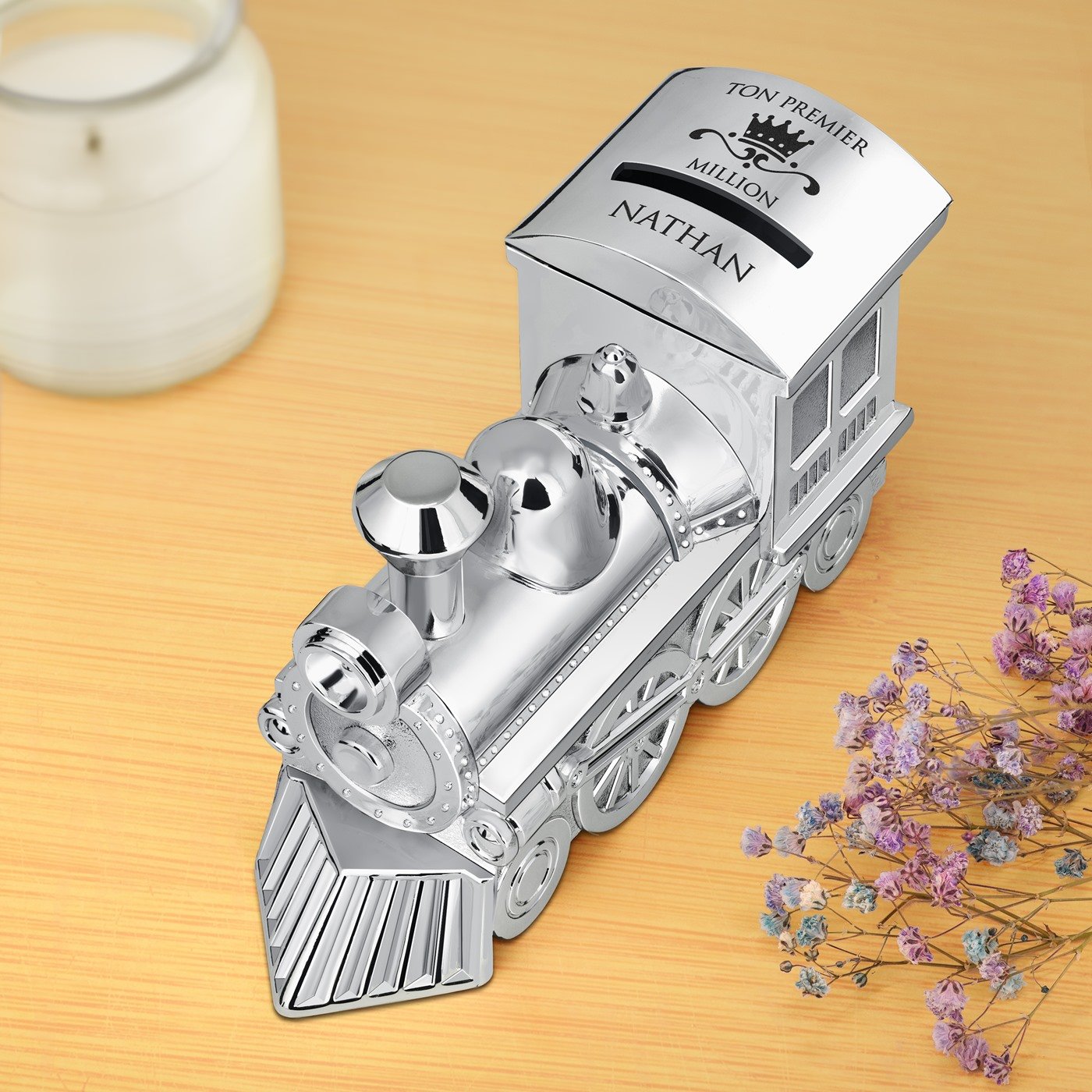 Caja de ahorros en forma de tren Murrano con personalización para sobrino o hijo