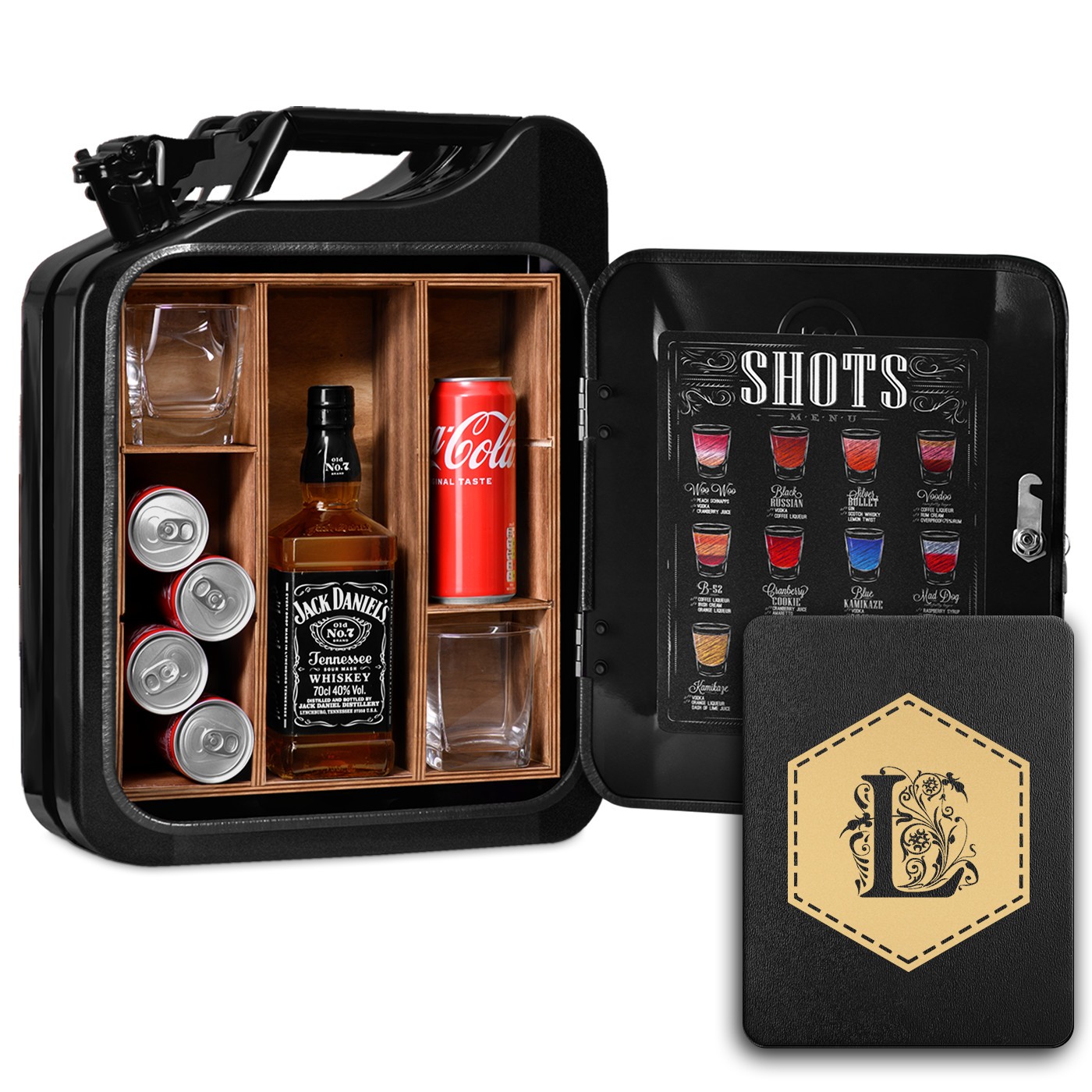 Minibar Jerrycan Murrano con iniciales grabadas