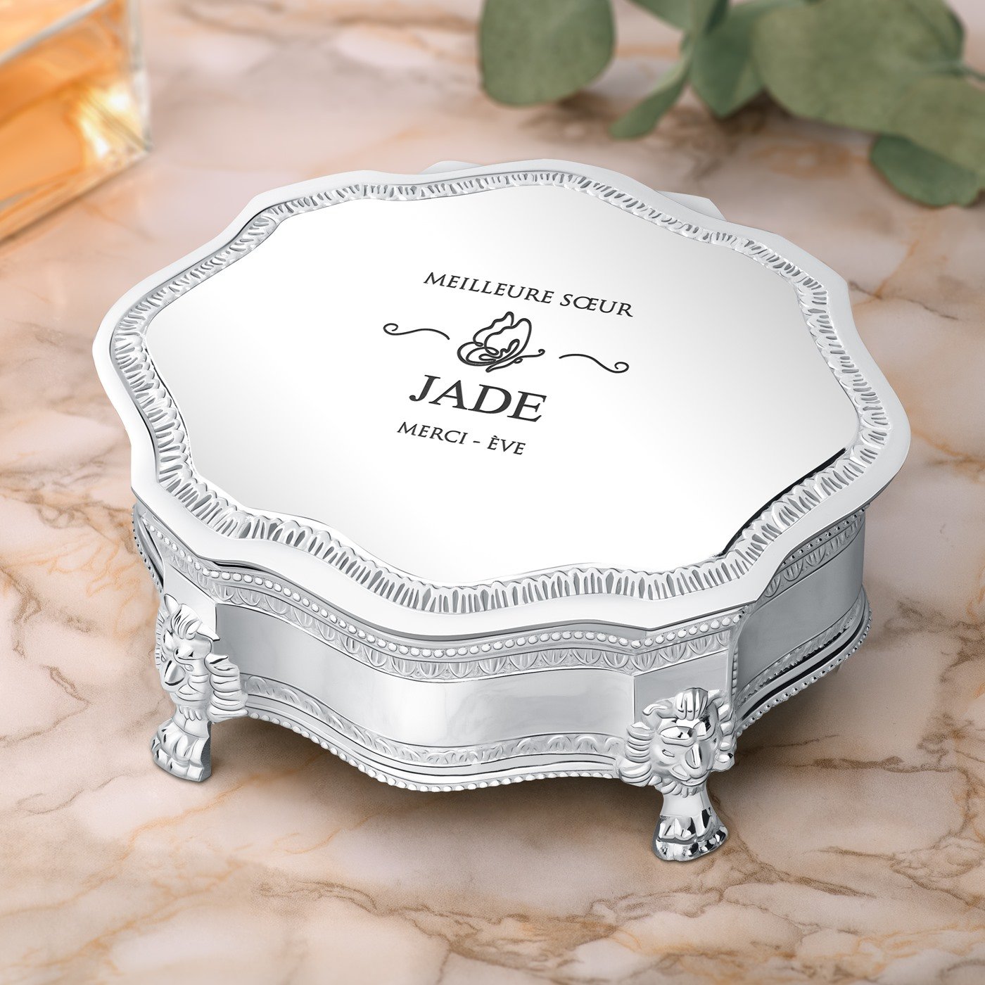 Caja de joyas de plata personalizada Murrano para hermana
