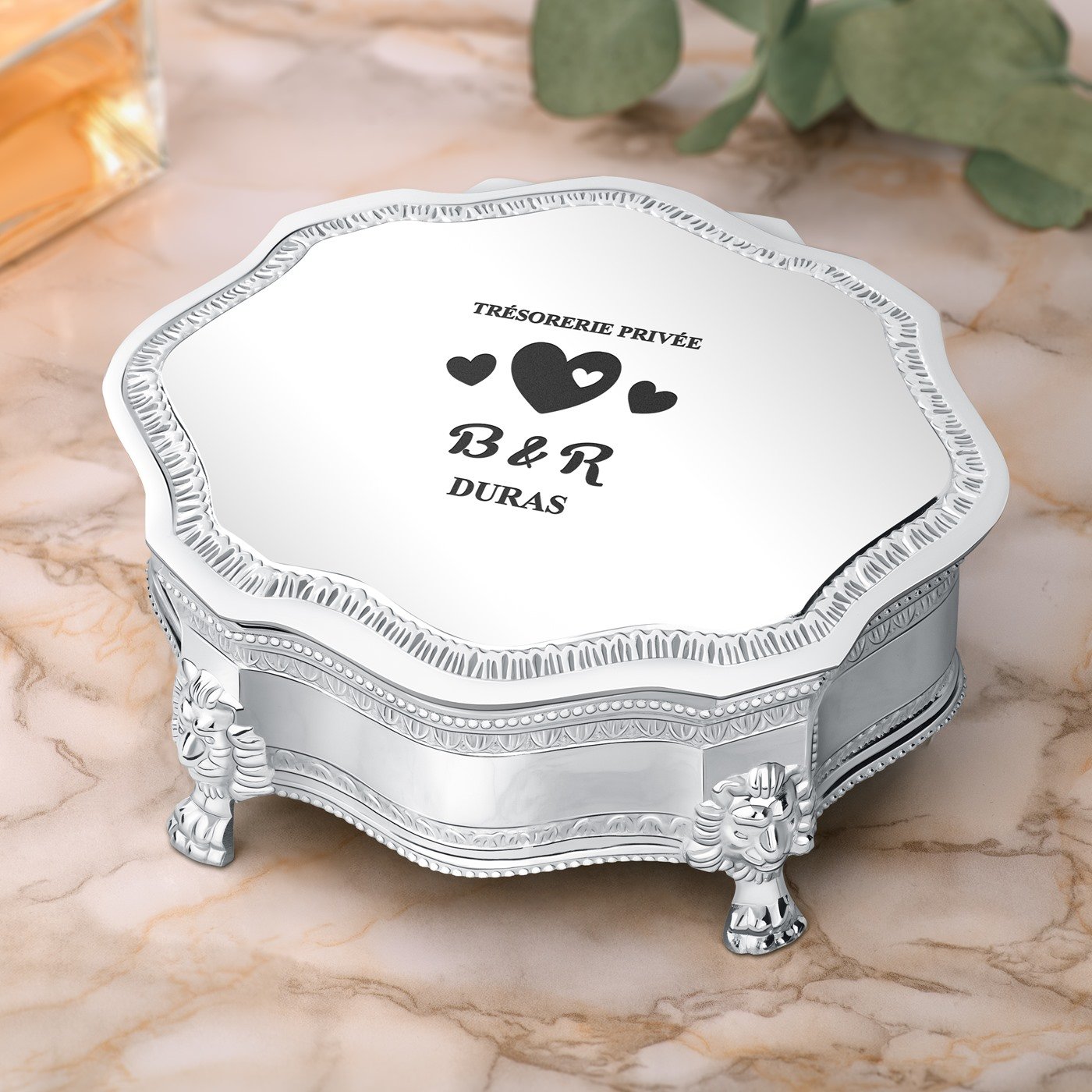 Caja de joyas de plata personalizada para parejas Murrano