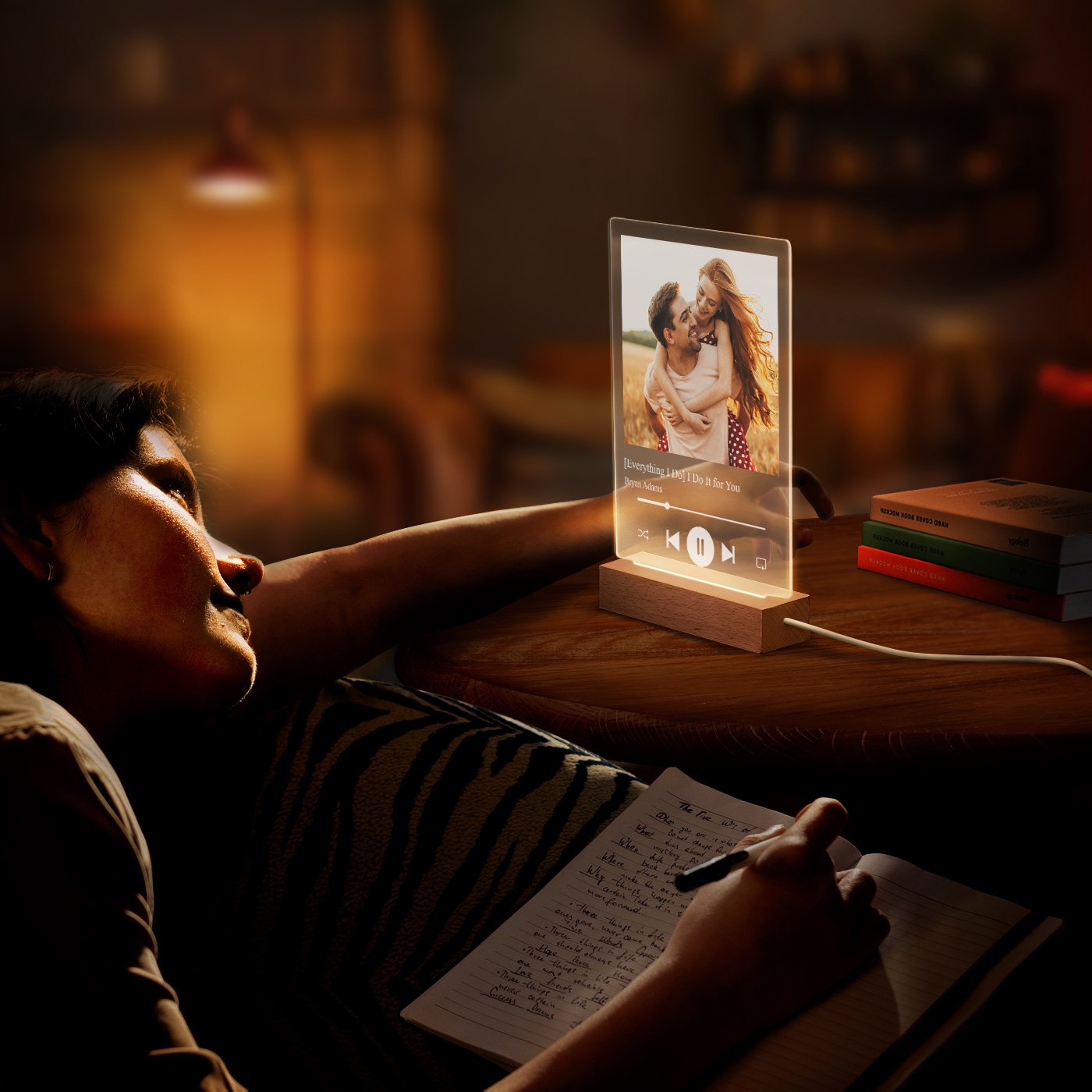 Lámpara LED personalizada Murrano de tamaño L con foto para pareja tema Spotify