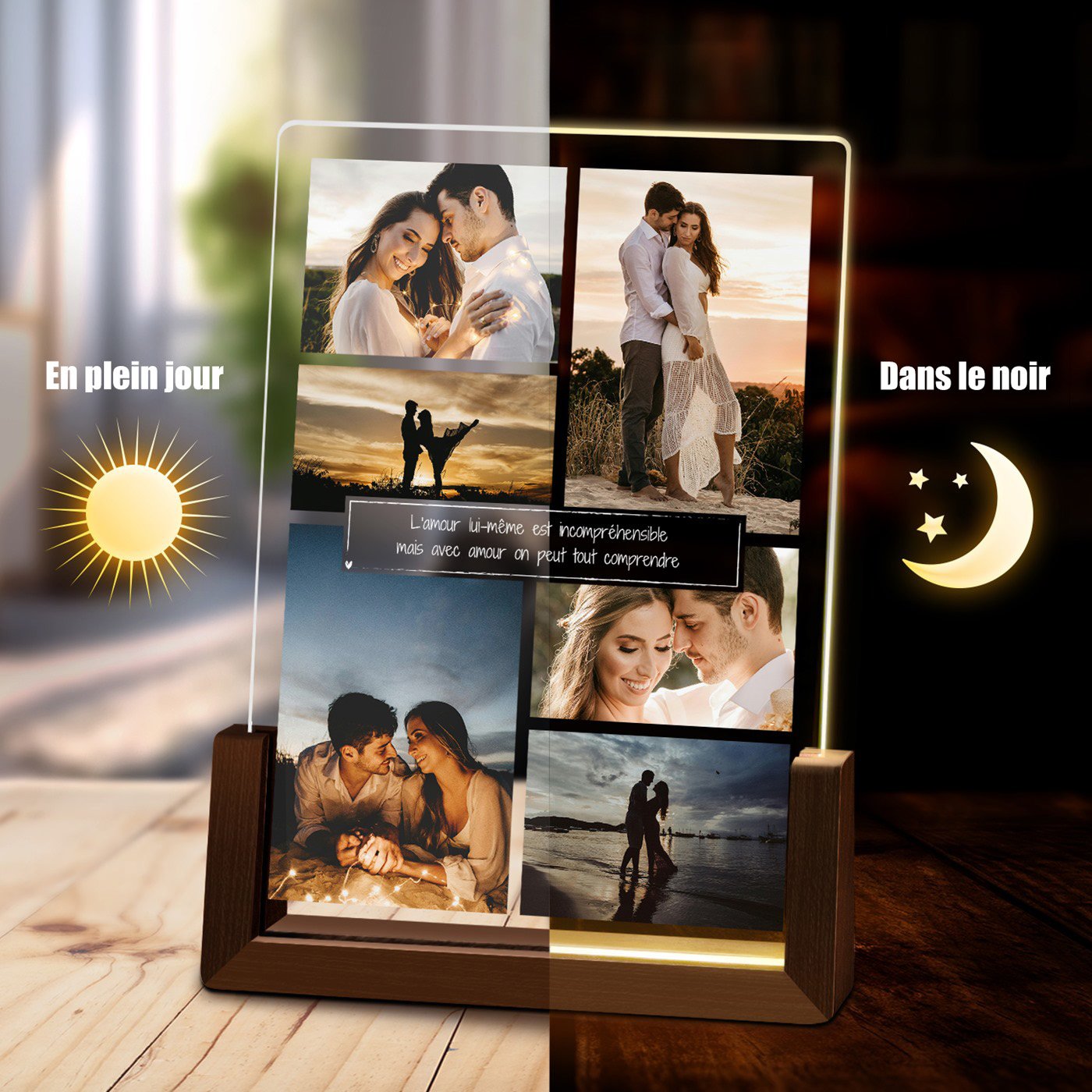 Lámpara LED personalizada Murrano para parejas (15x22 cm, luz blanca cálida)