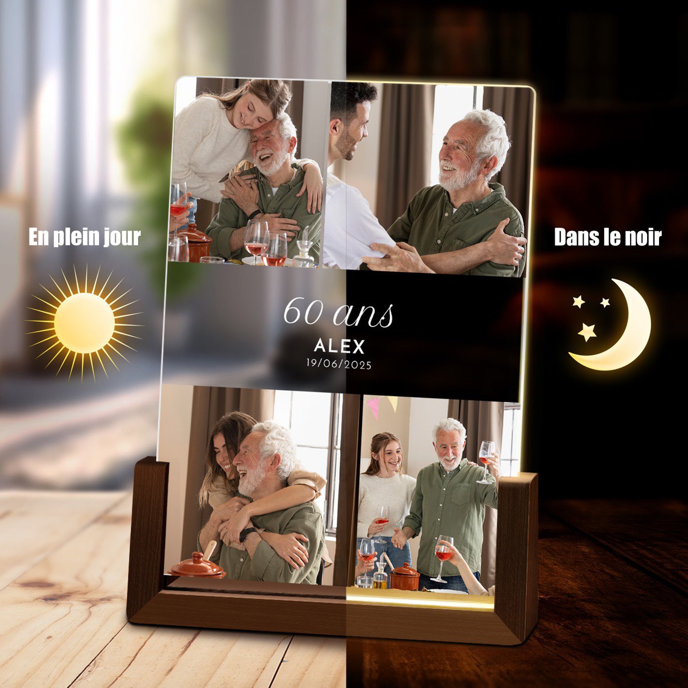 Lampe LED personnalisée avec photo pour un homme fêtant ses 60 ans