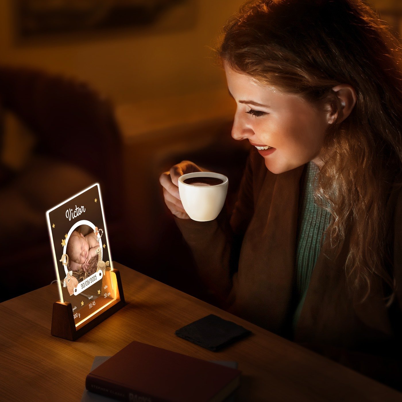 Lámpara LED personalizada Murrano con foto para un recién nacido