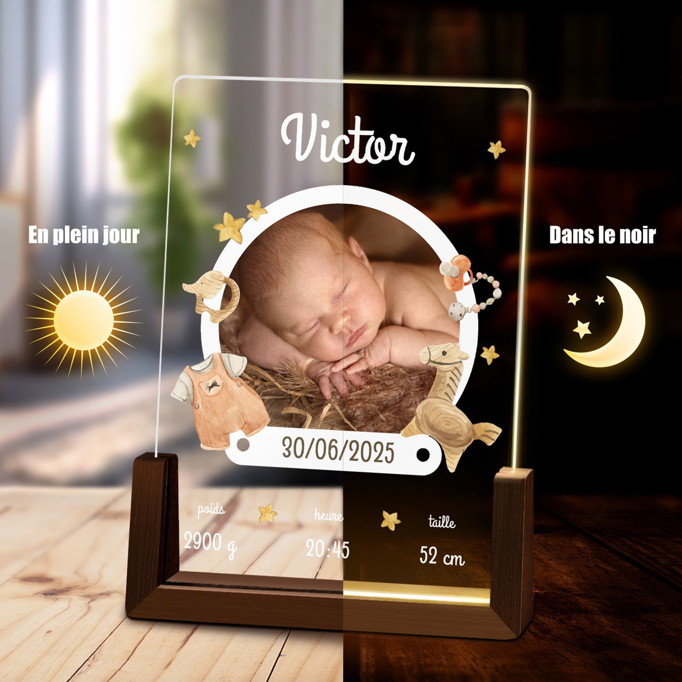 Lámpara LED personalizada Murrano con foto para un recién nacido
