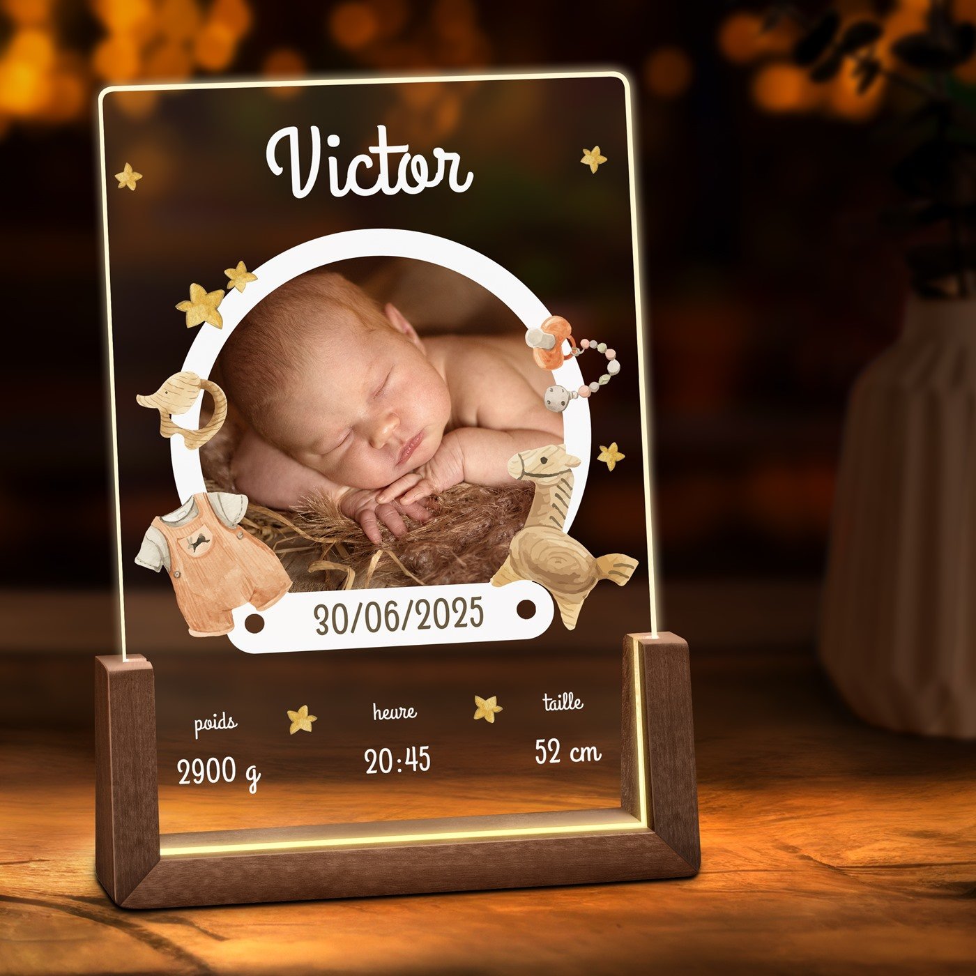 Lámpara LED personalizada Murrano con foto para un recién nacido