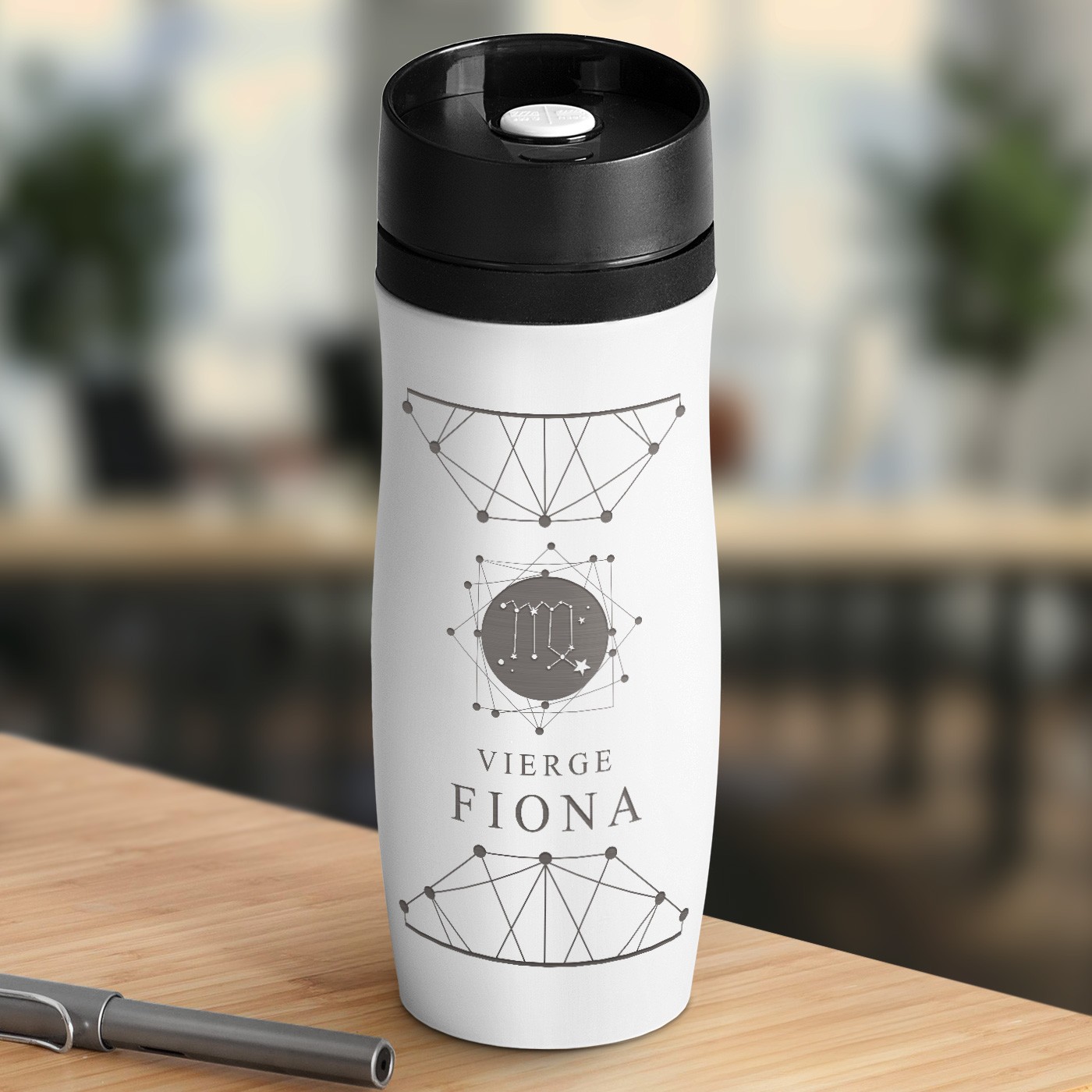 Taza Isotérmica Blanca Personalizada de Murrano con Tapón Quick-Press para Mujer con Signo del Zodiaco