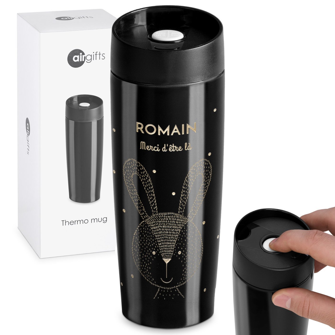 Mug de viaje Murrano - Negro con grabado y tapa Quick-Press