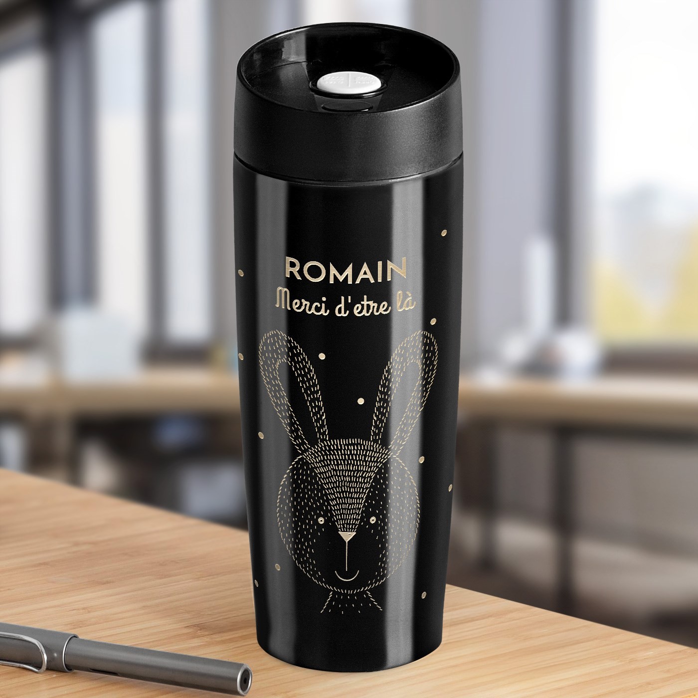 Mug de viaje Murrano - Negro con grabado y tapa Quick-Press