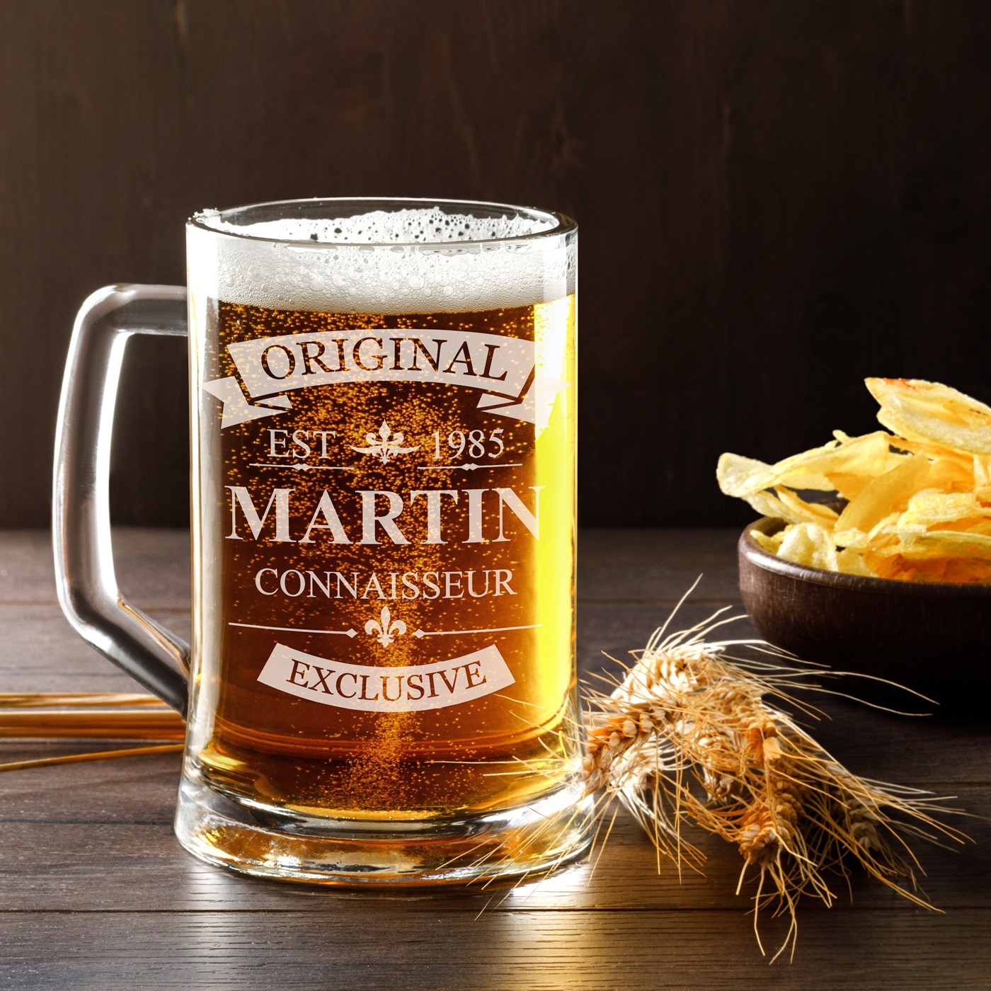 Taza de cerveza de vidrio personalizada con grabado láser para entusiasta de la cerveza