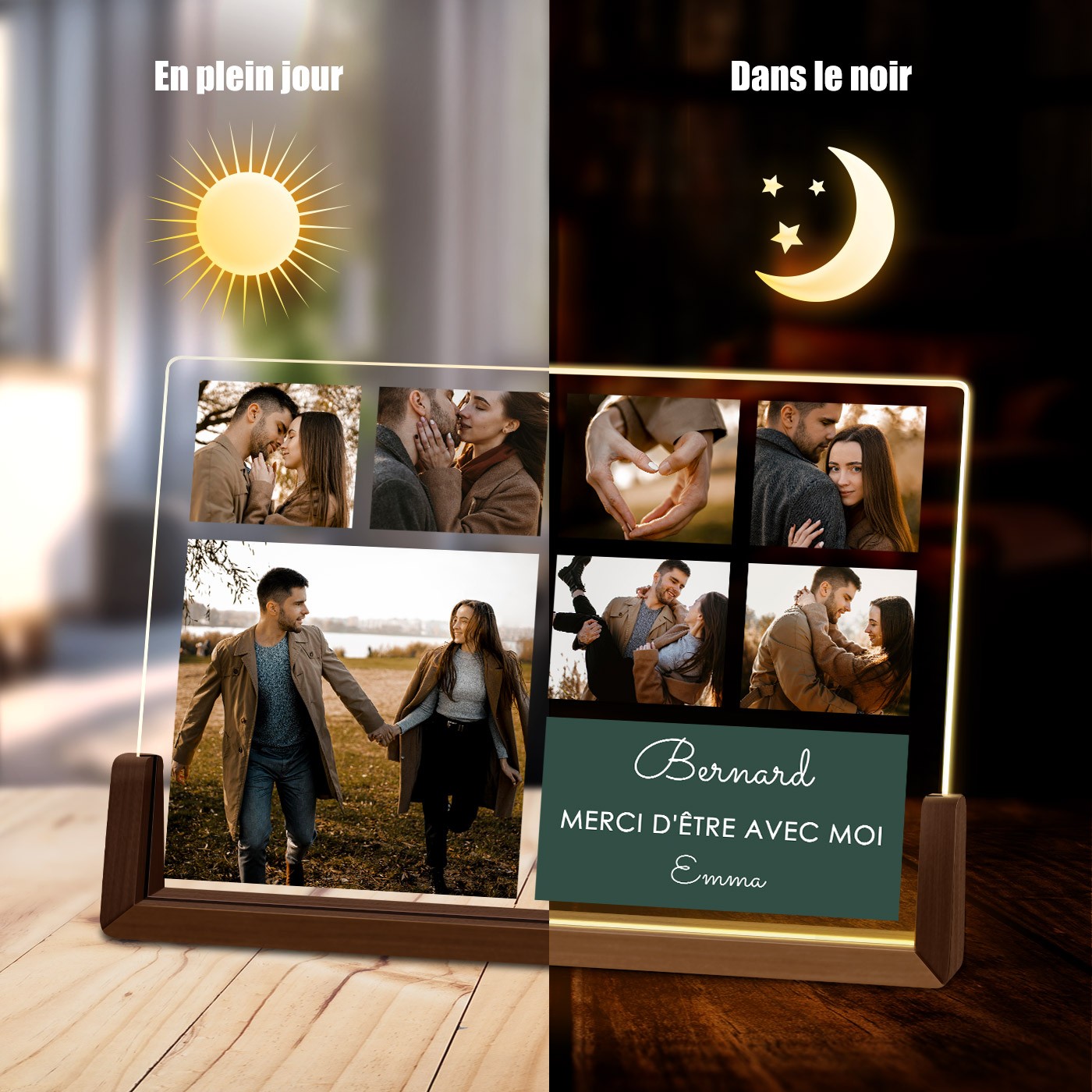 Lámpara LED horizontal personalizada Murrano con foto para pareja