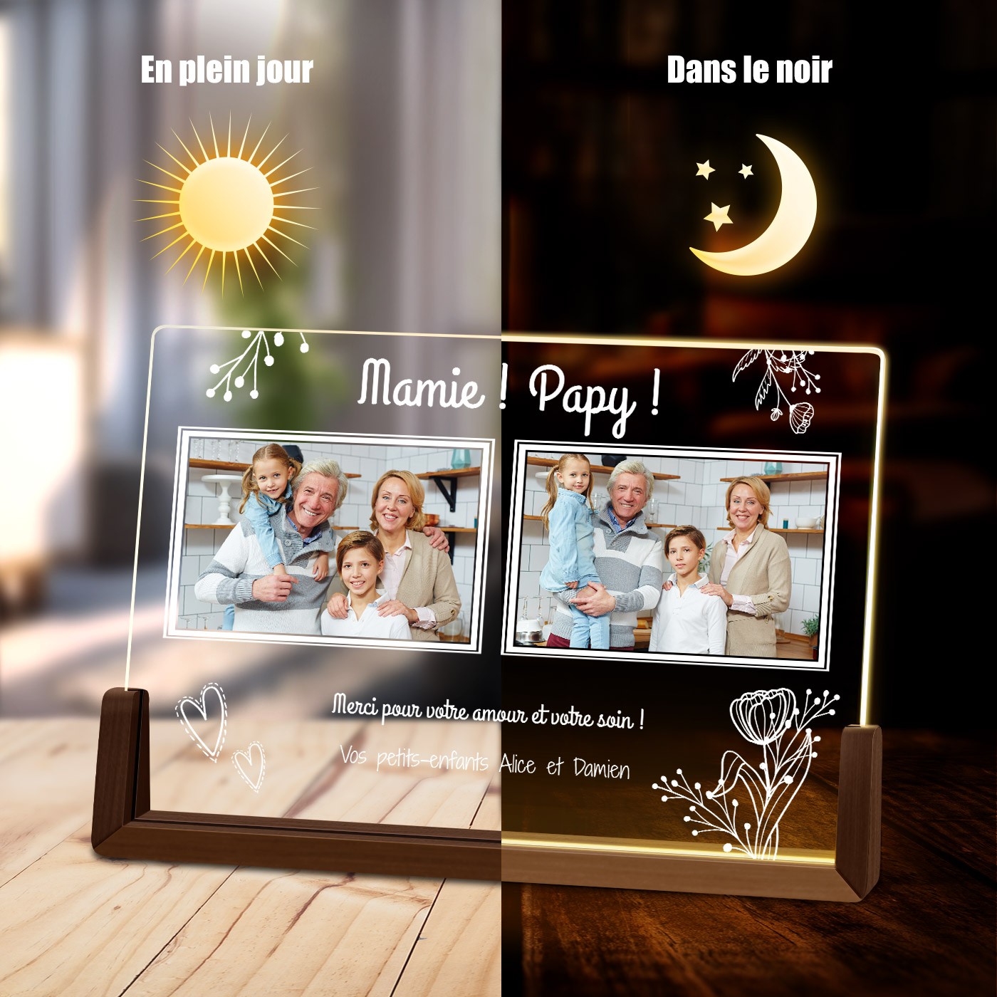 Lampe LED horizontale personnalisée pour mamie et papy