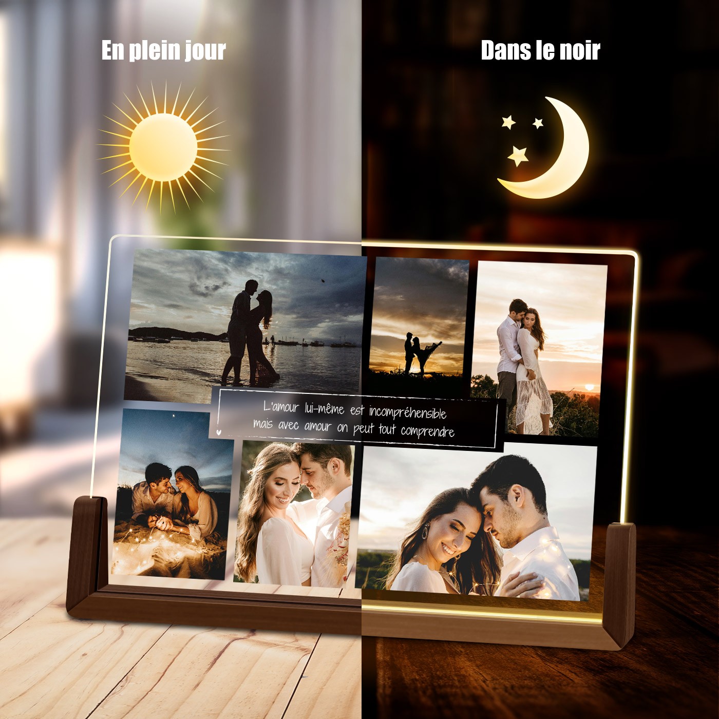 Marco de foto LED horizontal personalizado de Murrano para regalo de aniversario de bodas