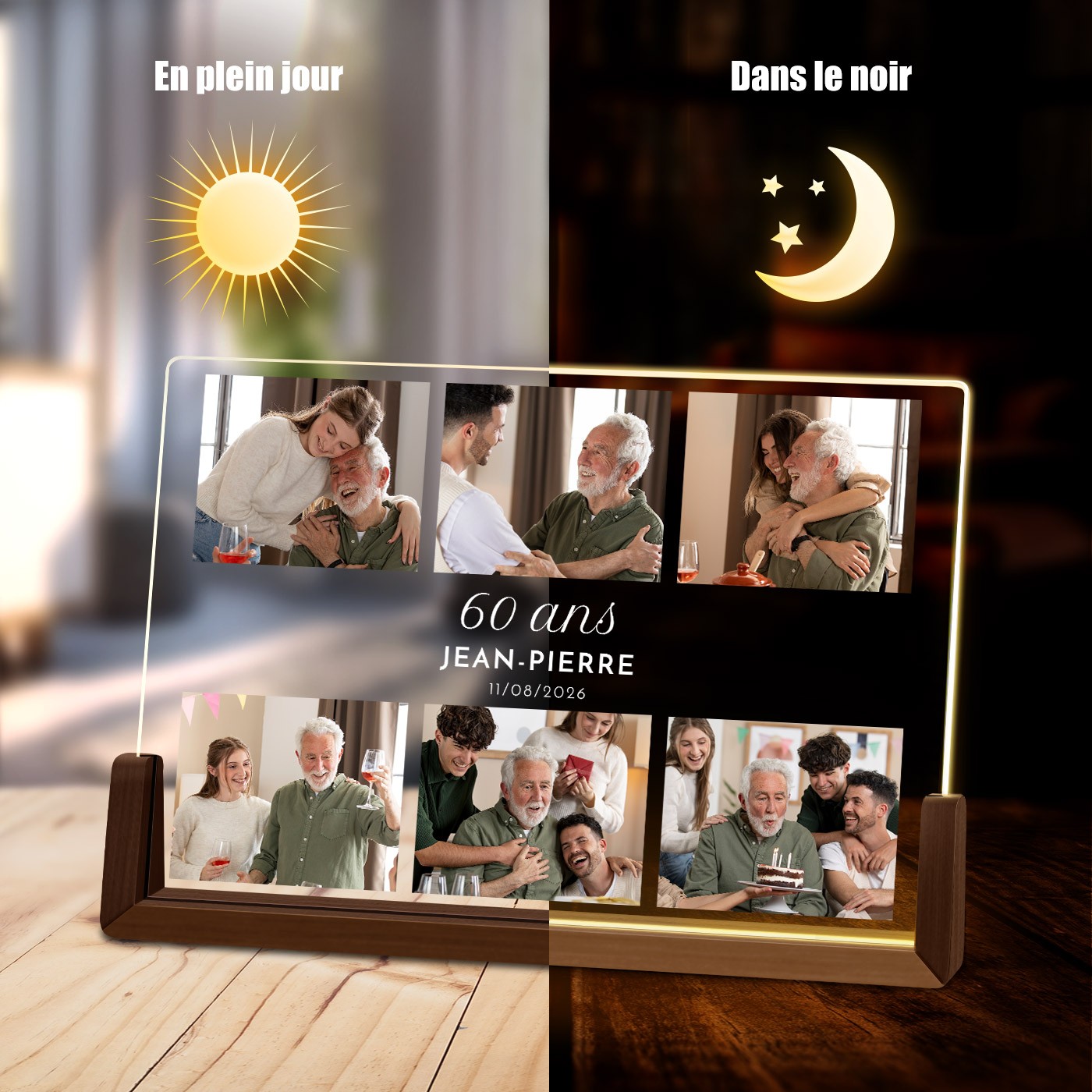 Custom Horizontal LED Lamp with Photo for Men's 60th Birthday