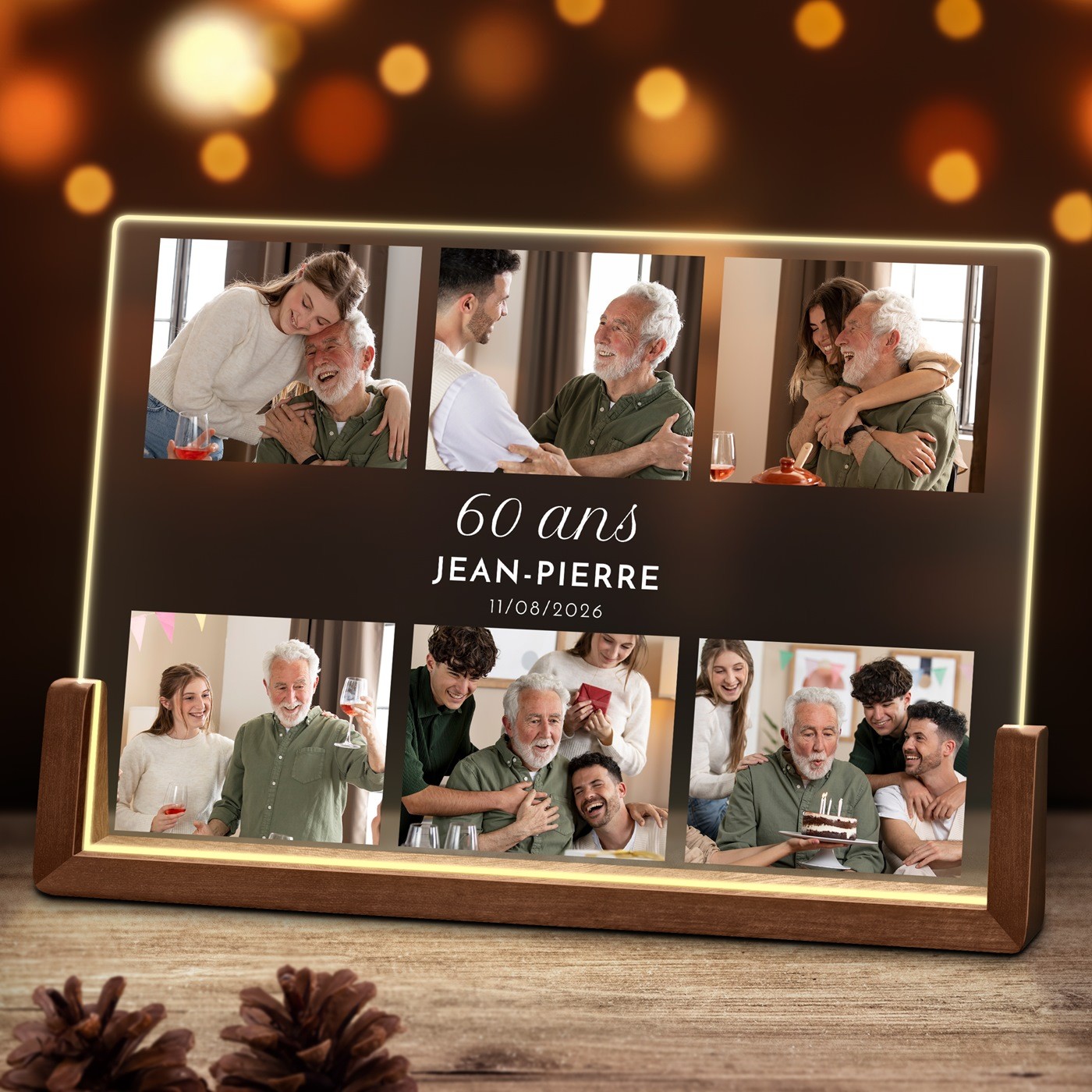 Custom Horizontal LED Lamp with Photo for Men's 60th Birthday