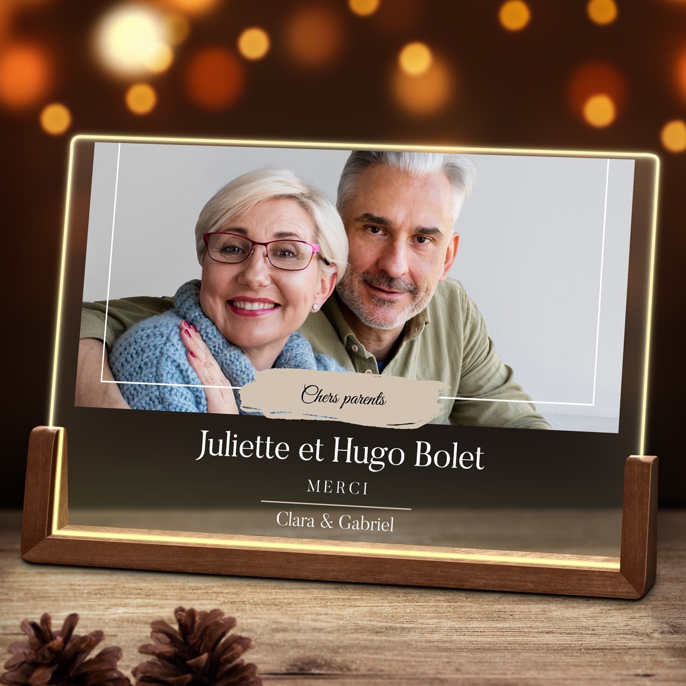 Lámpara LED horizontal personalizada de Murrano con foto para padres