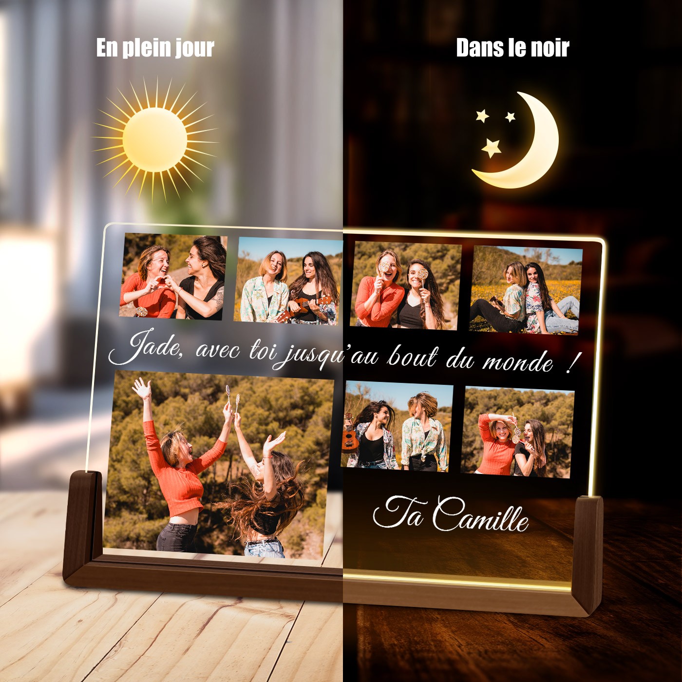 Lámpara LED horizontal personalizada Murrano con foto para una amiga