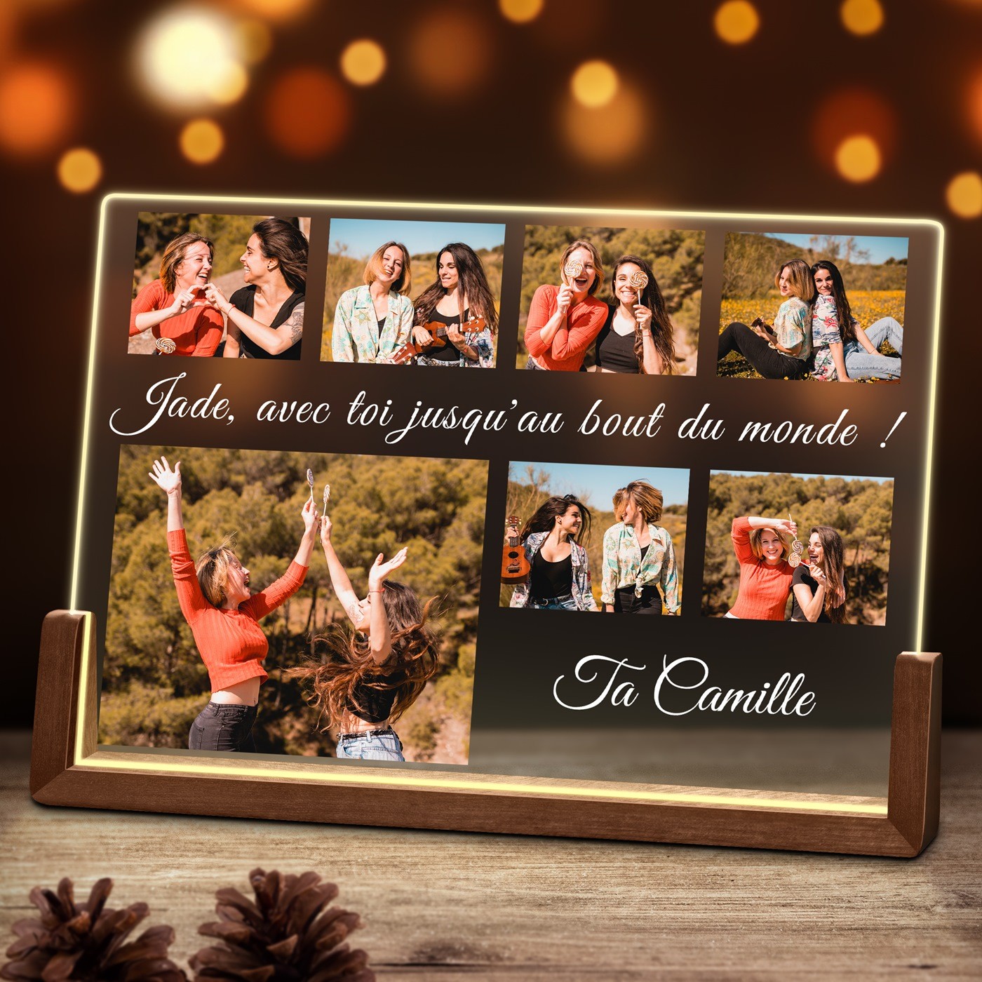 Lámpara LED horizontal personalizada Murrano con foto para una amiga