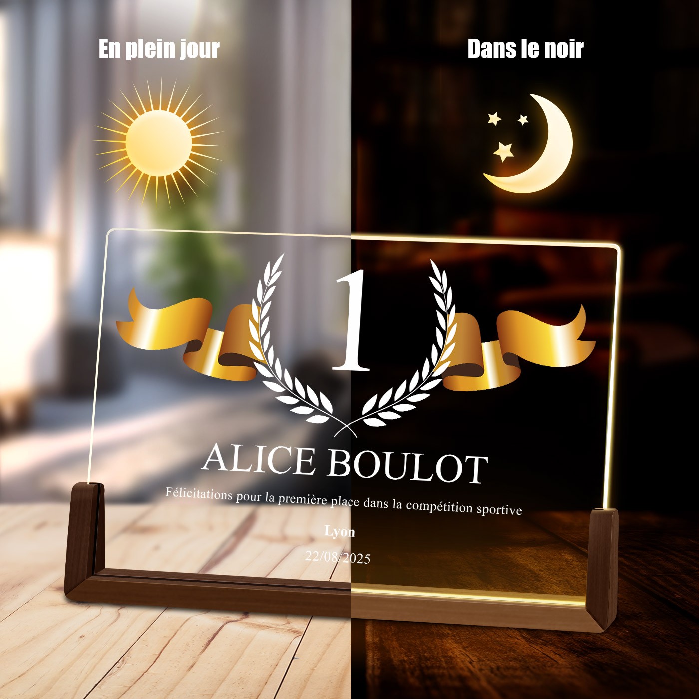 Lámpara LED horizontal personalizada Murrano con foto para un campeón