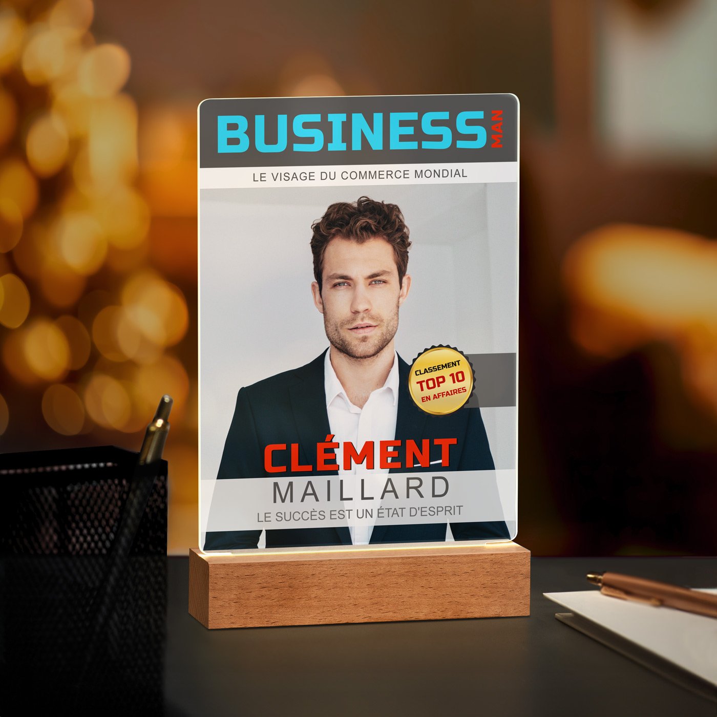 Lámpara LED personalizada Murrano - Tamaño L con portada de revista foto - Hombre de negocios