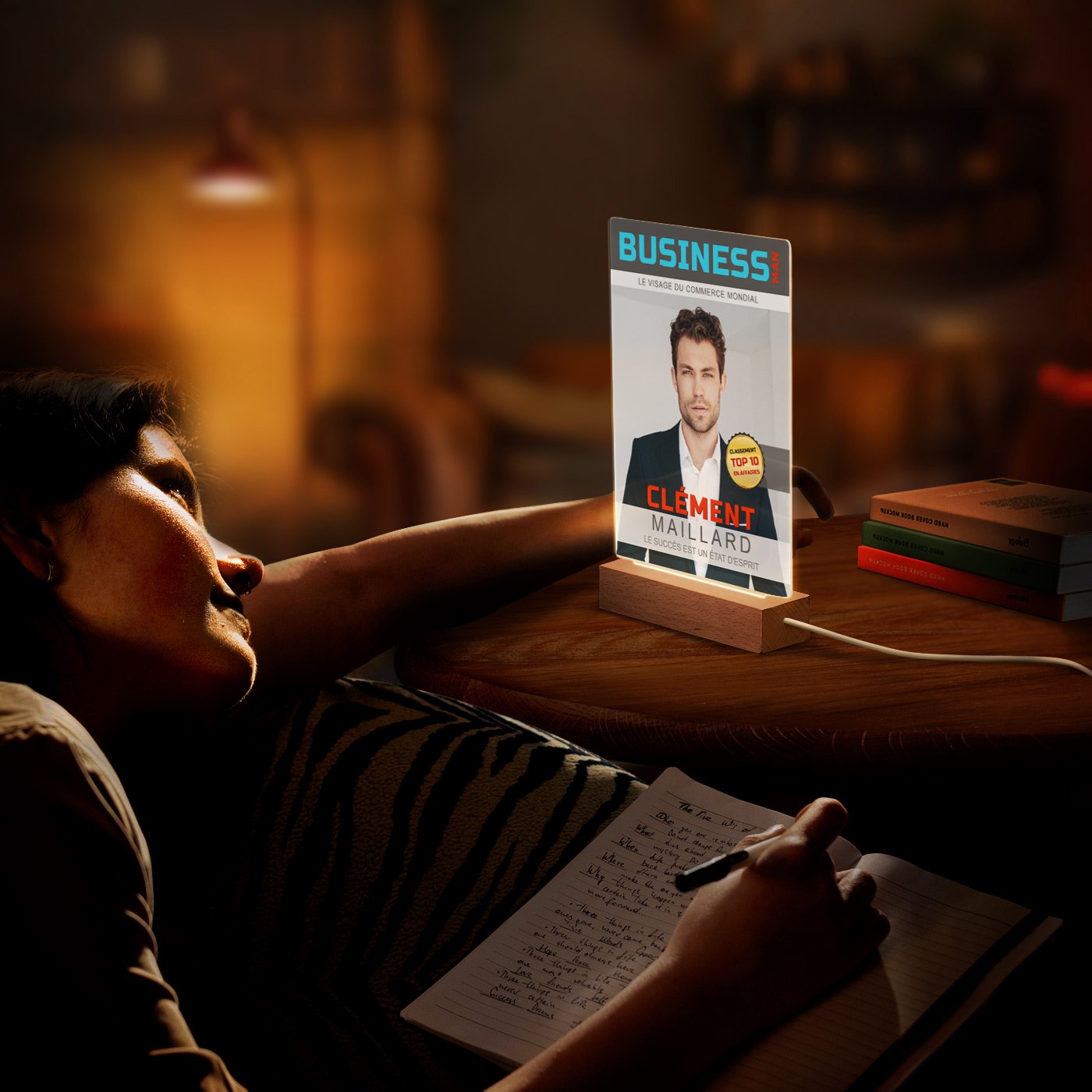 Lámpara LED personalizada Murrano - Tamaño L con portada de revista foto - Hombre de negocios
