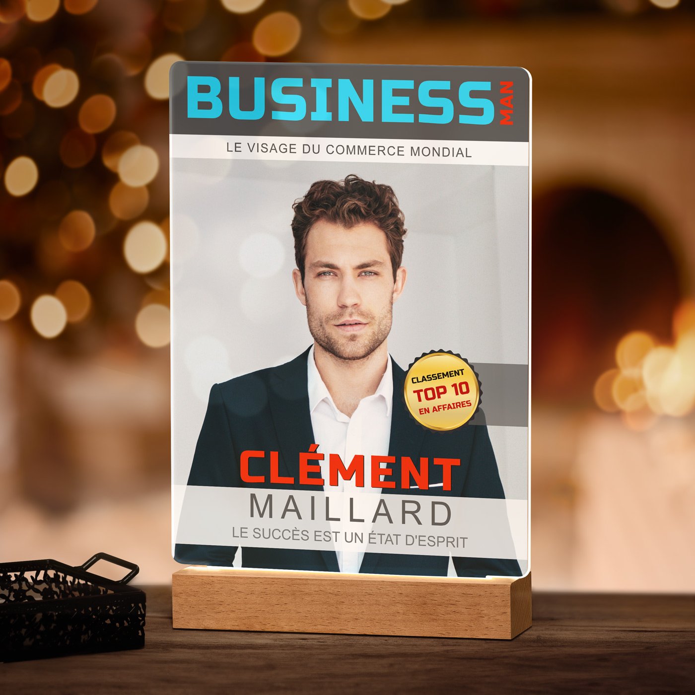 Lámpara LED personalizada Murrano XL con portada de revista - Hombre de negocios