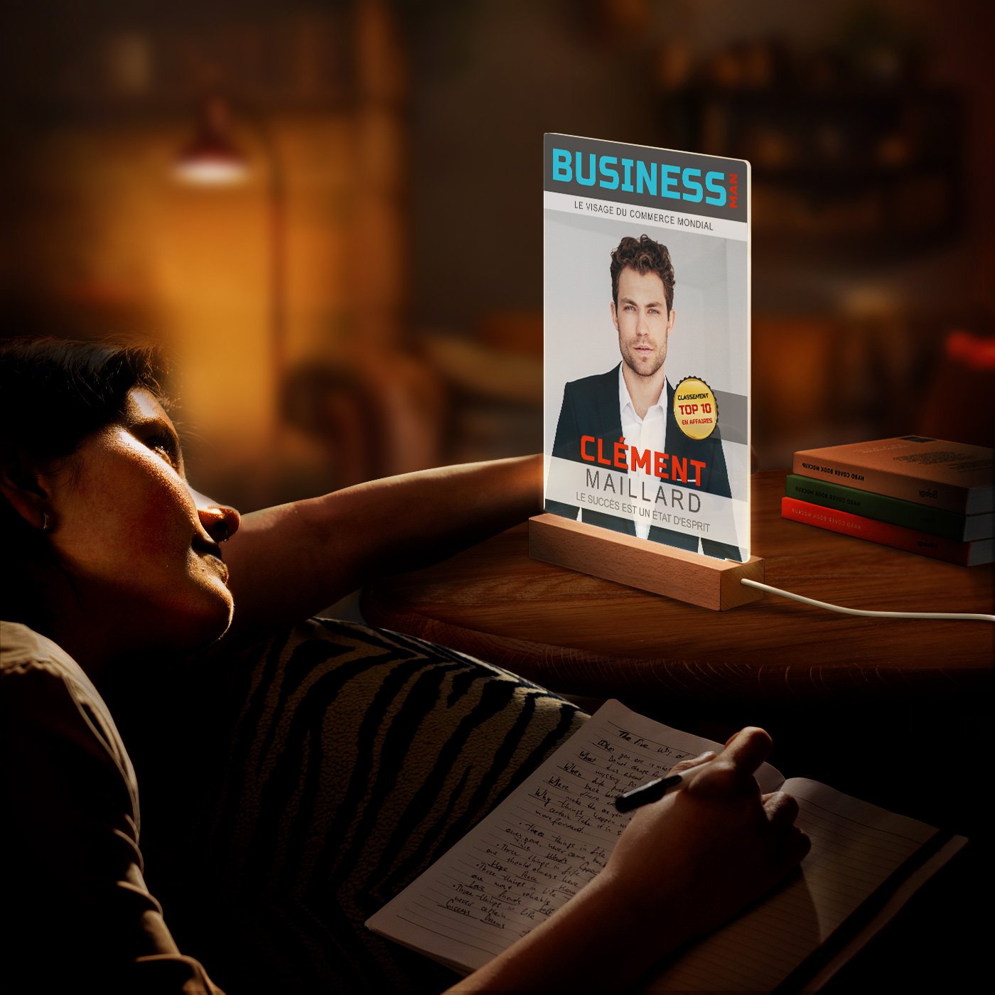 Lámpara LED personalizada Murrano XL con portada de revista - Hombre de negocios