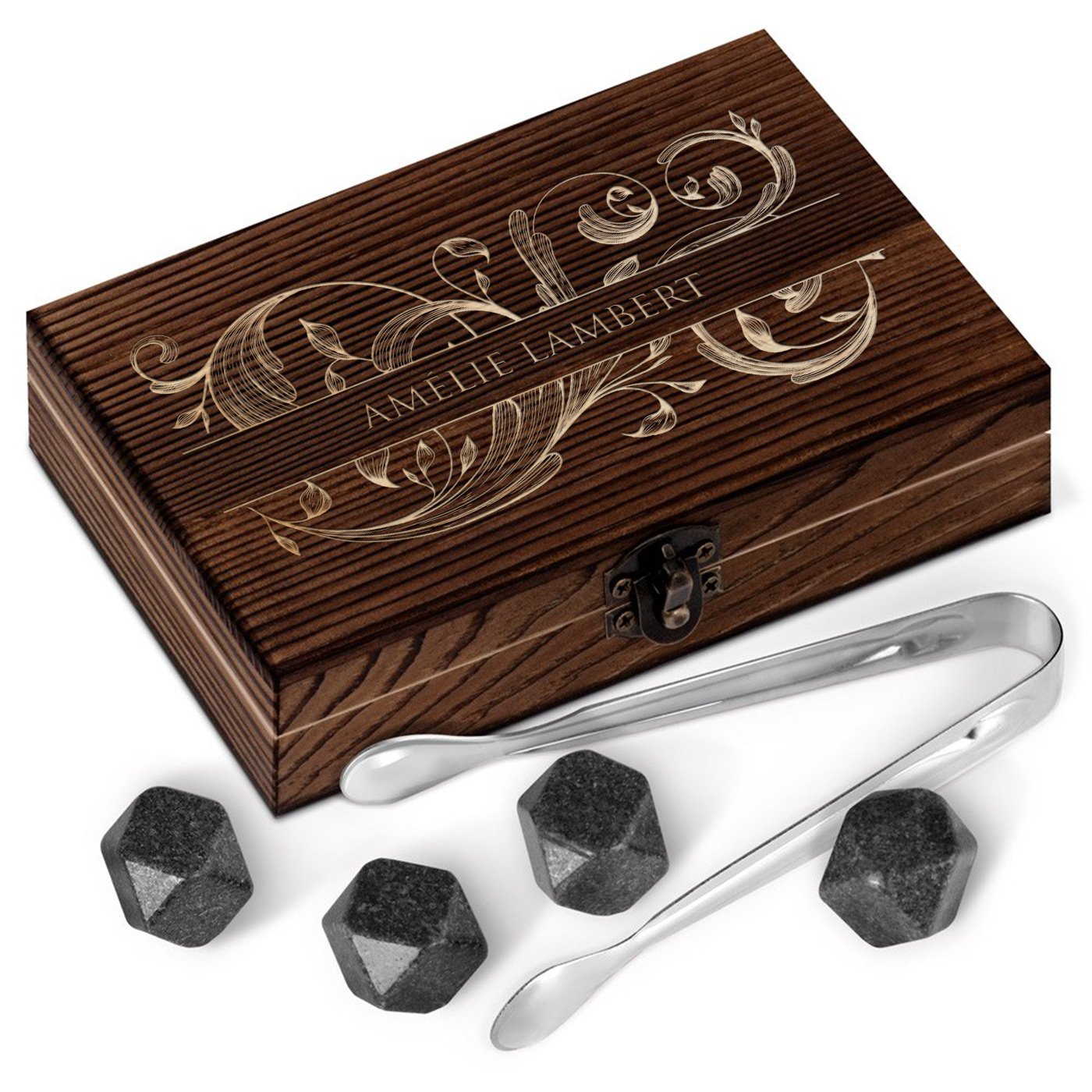 Murrano Whisky Stones Set in Wood Box with Engraving for Her