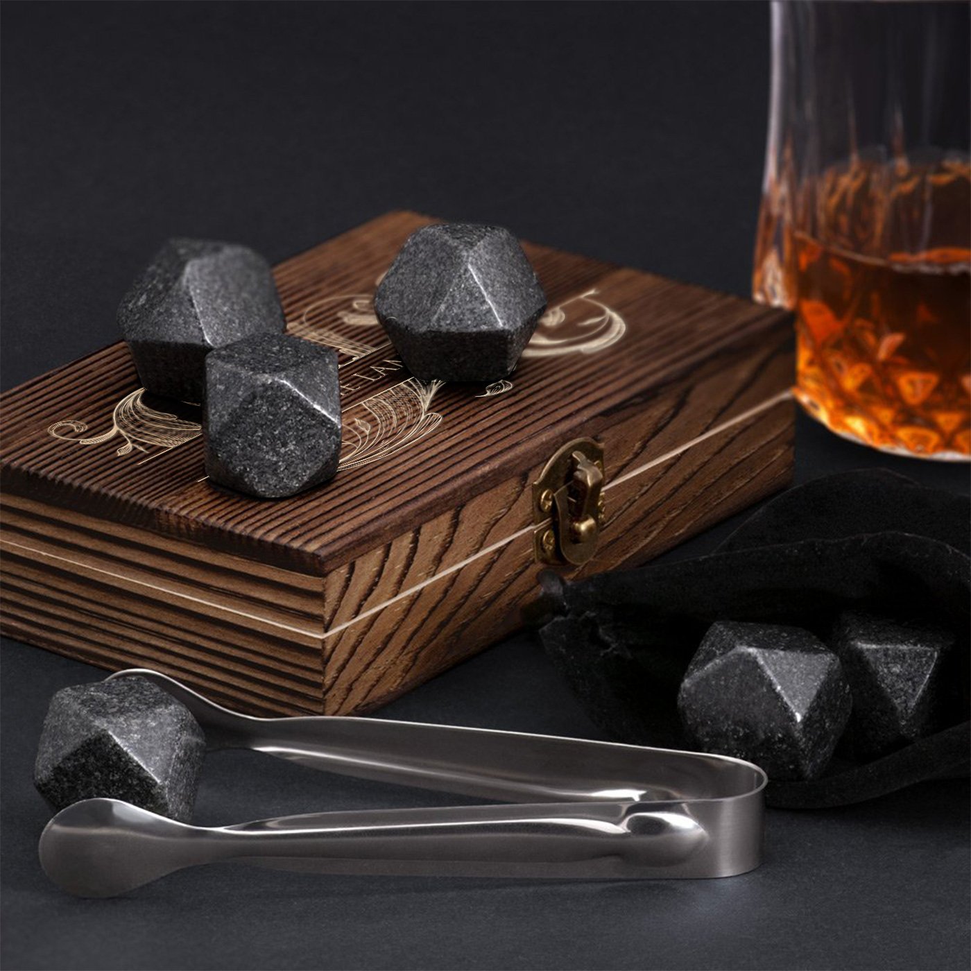 Murrano Whisky Stones Set in Wood Box with Engraving for Her