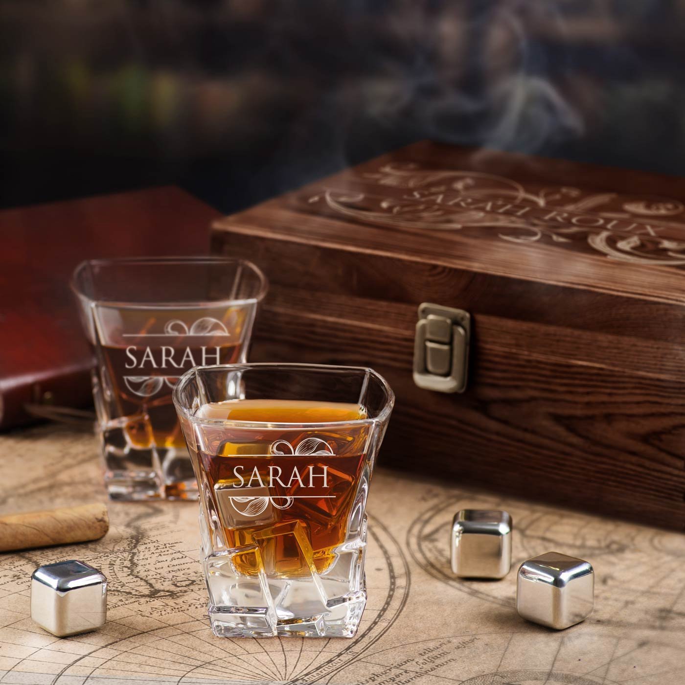 Murrano Whisky Stones Set with Engraved Glasses in Custom Box for Her