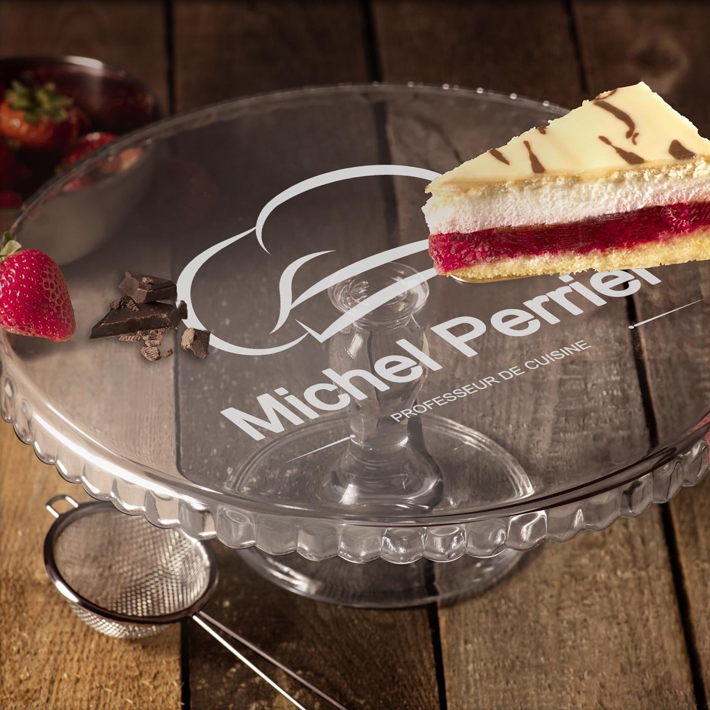 Soporte para pastel de vidrio personalizado con pie para chef masculino
