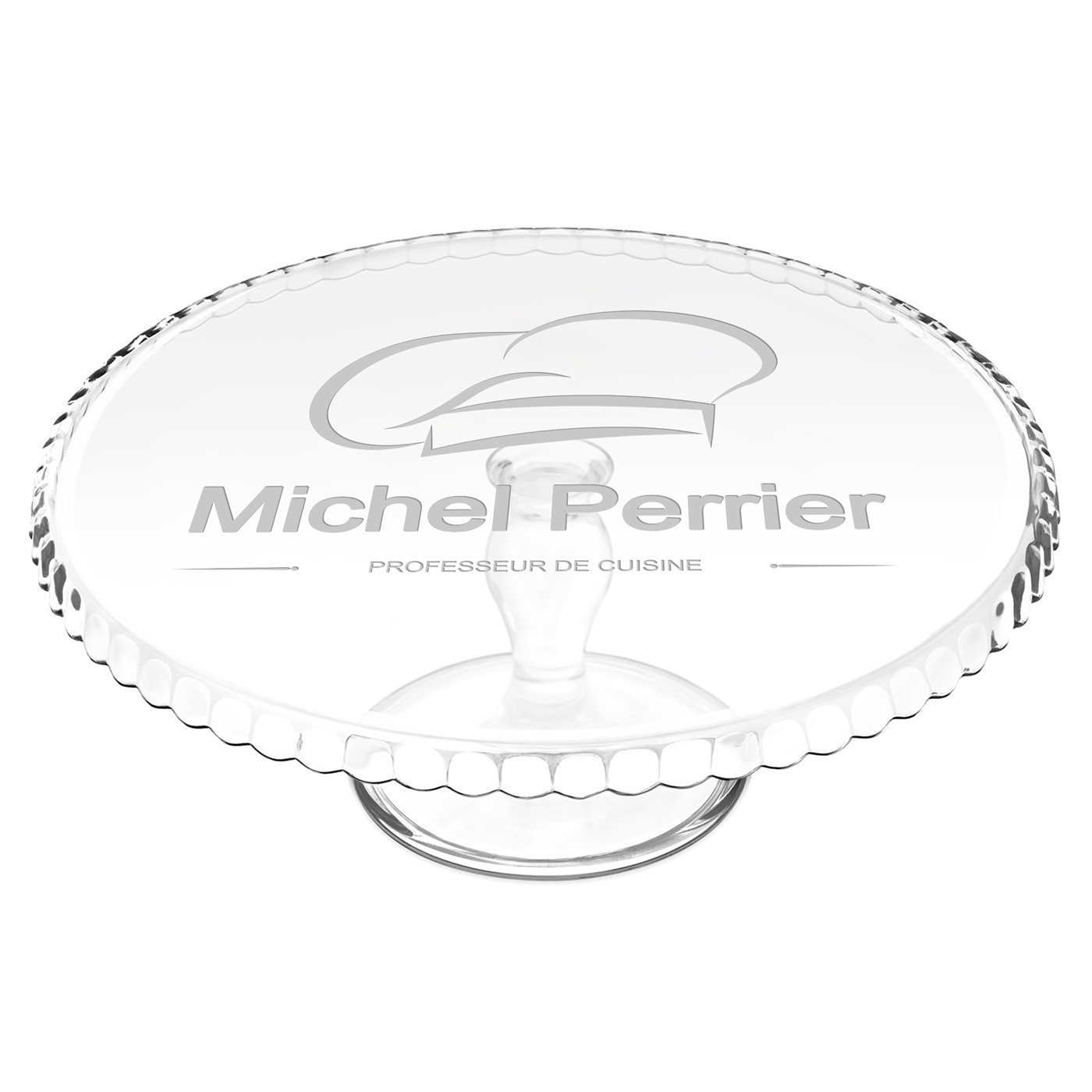 Soporte para pastel de vidrio personalizado con pie para chef masculino