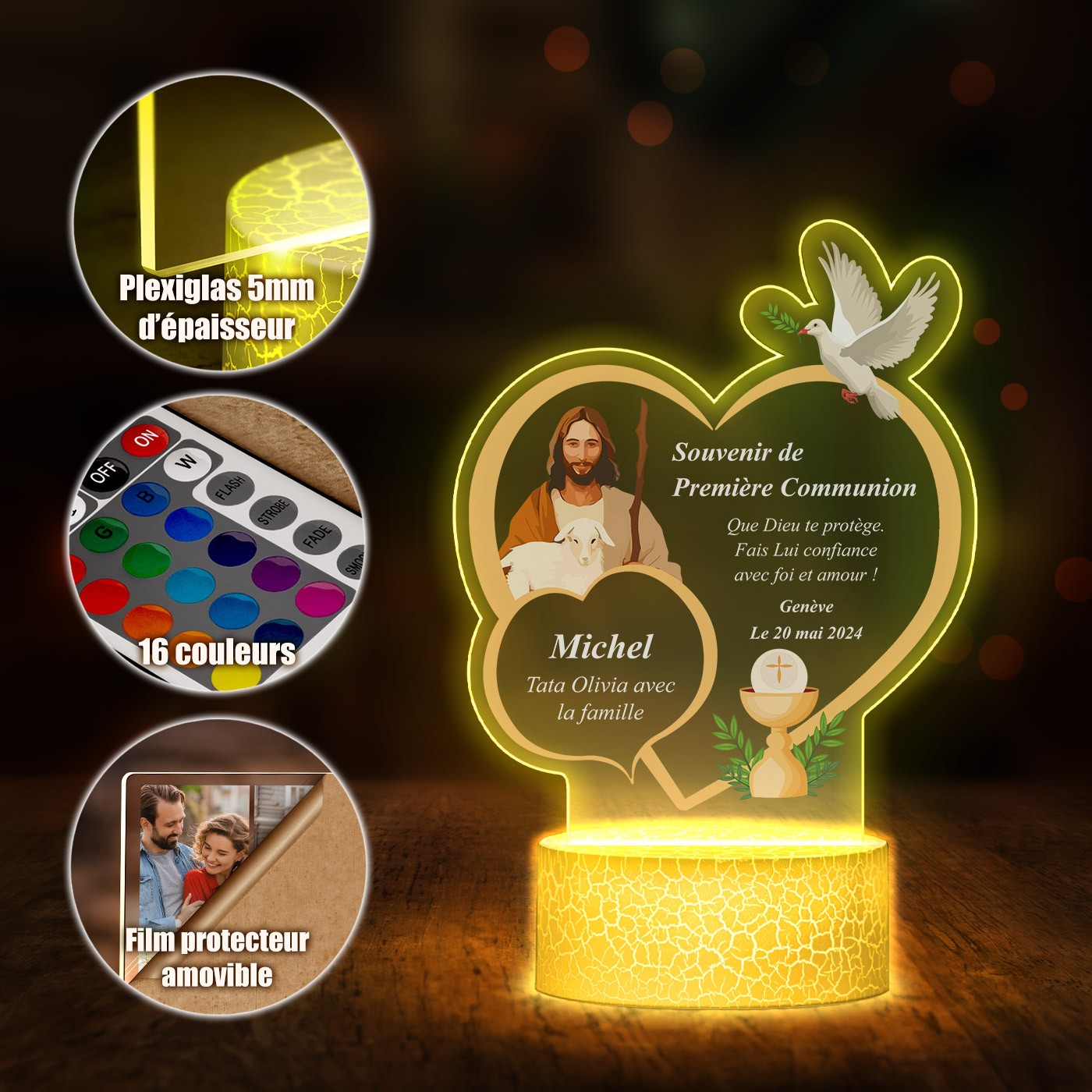 Lámpara LED Murrano 3D con impresión de primera comunión para sobrina