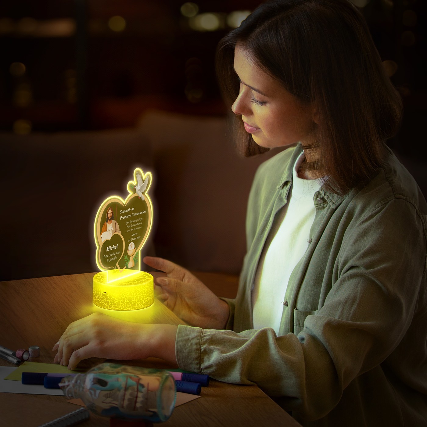 Lámpara LED Murrano 3D con impresión de primera comunión para sobrina