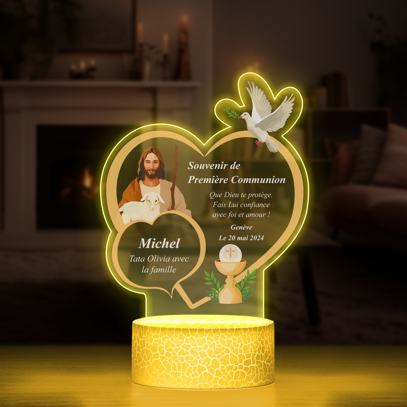 Lámpara LED Murrano 3D con impresión de primera comunión para sobrina
