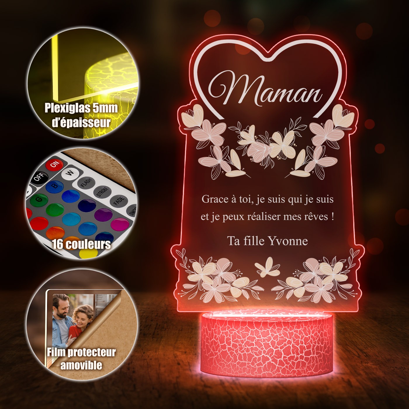Murrano 3D LED Lamp with Heart Impression for Mom