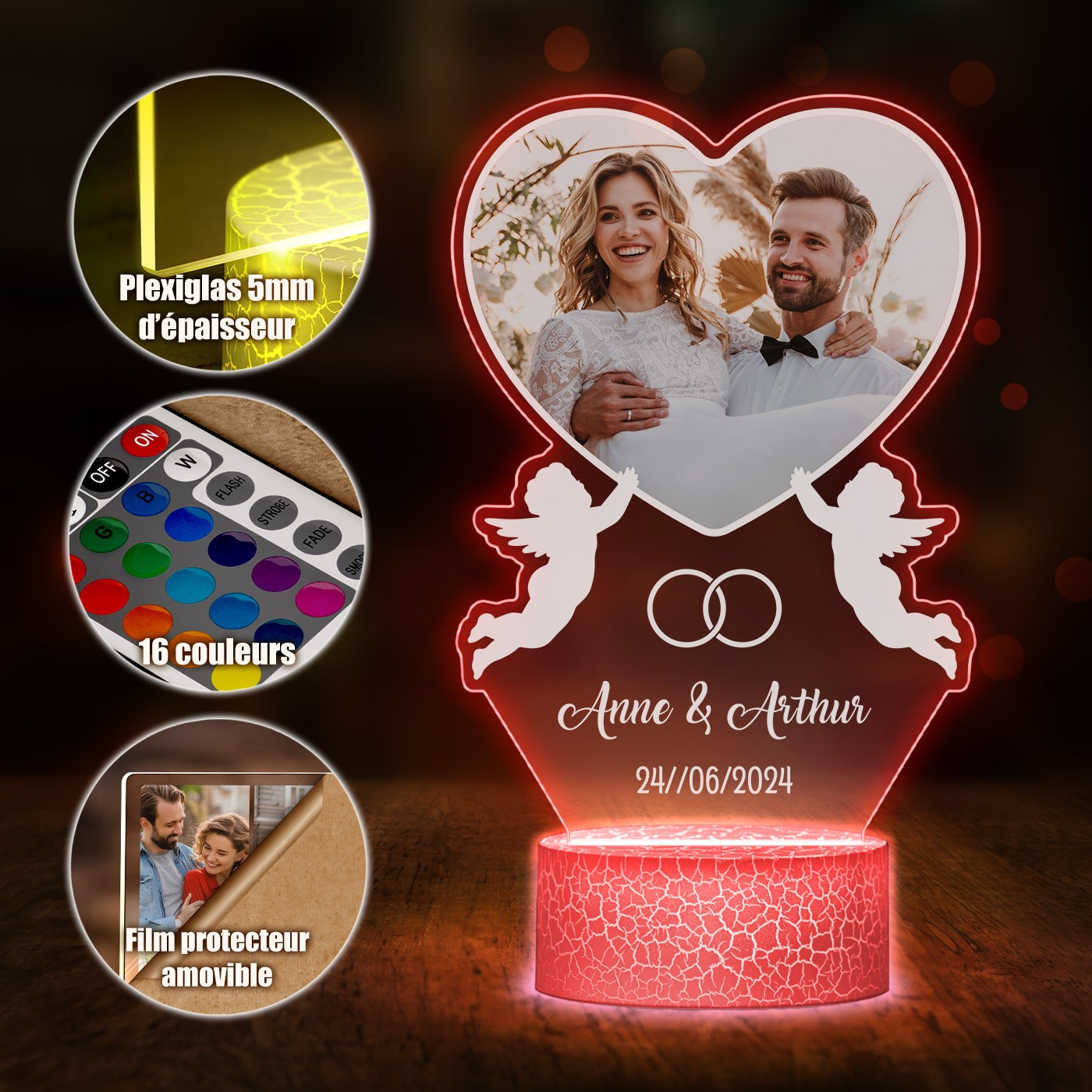 Lámpara Murrano LED 3D con impresión de foto de boda personalizada