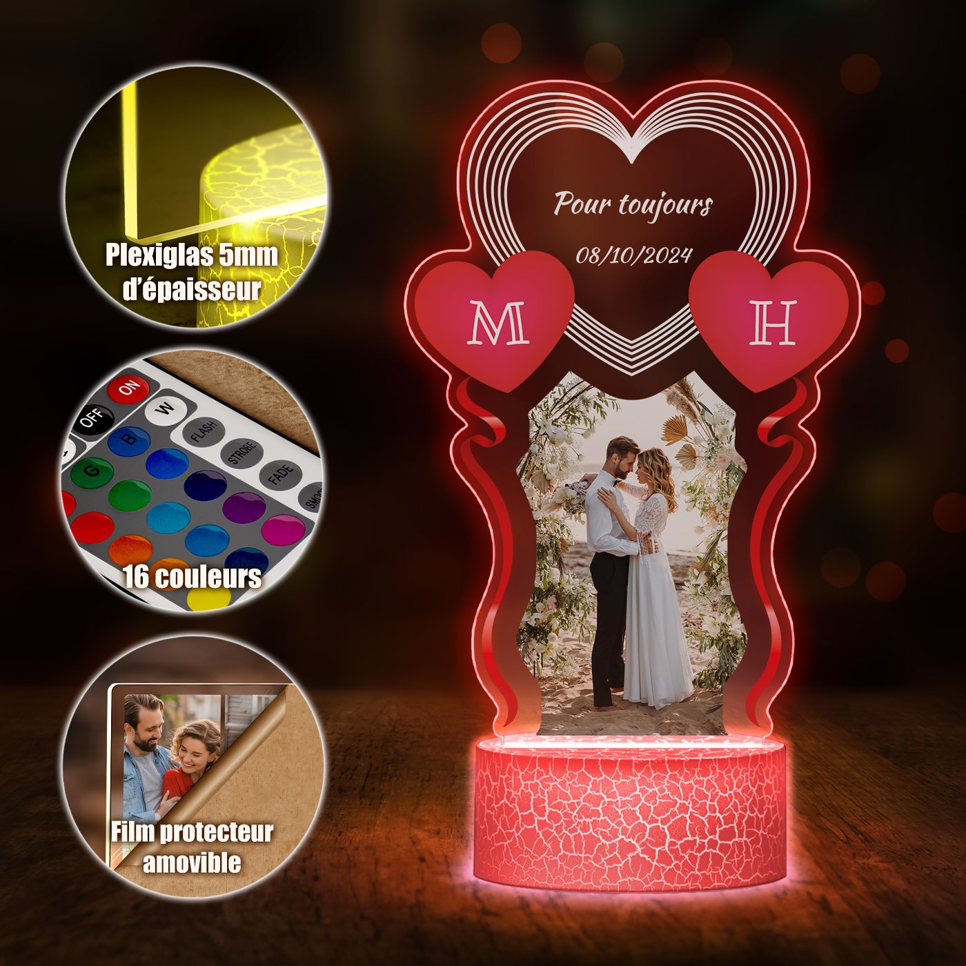 Lámpara LED Murrano 3D personalizada con impresión de foto - Recuerdo de boda