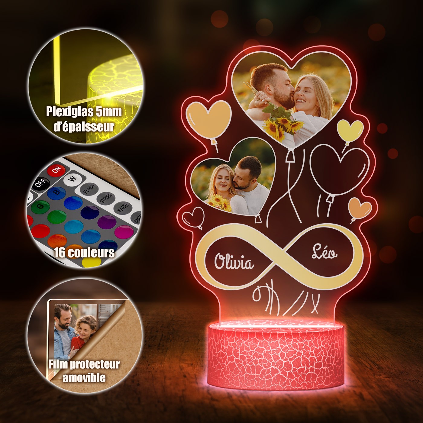 Murrano 3D LED Light with Custom Print for Couples