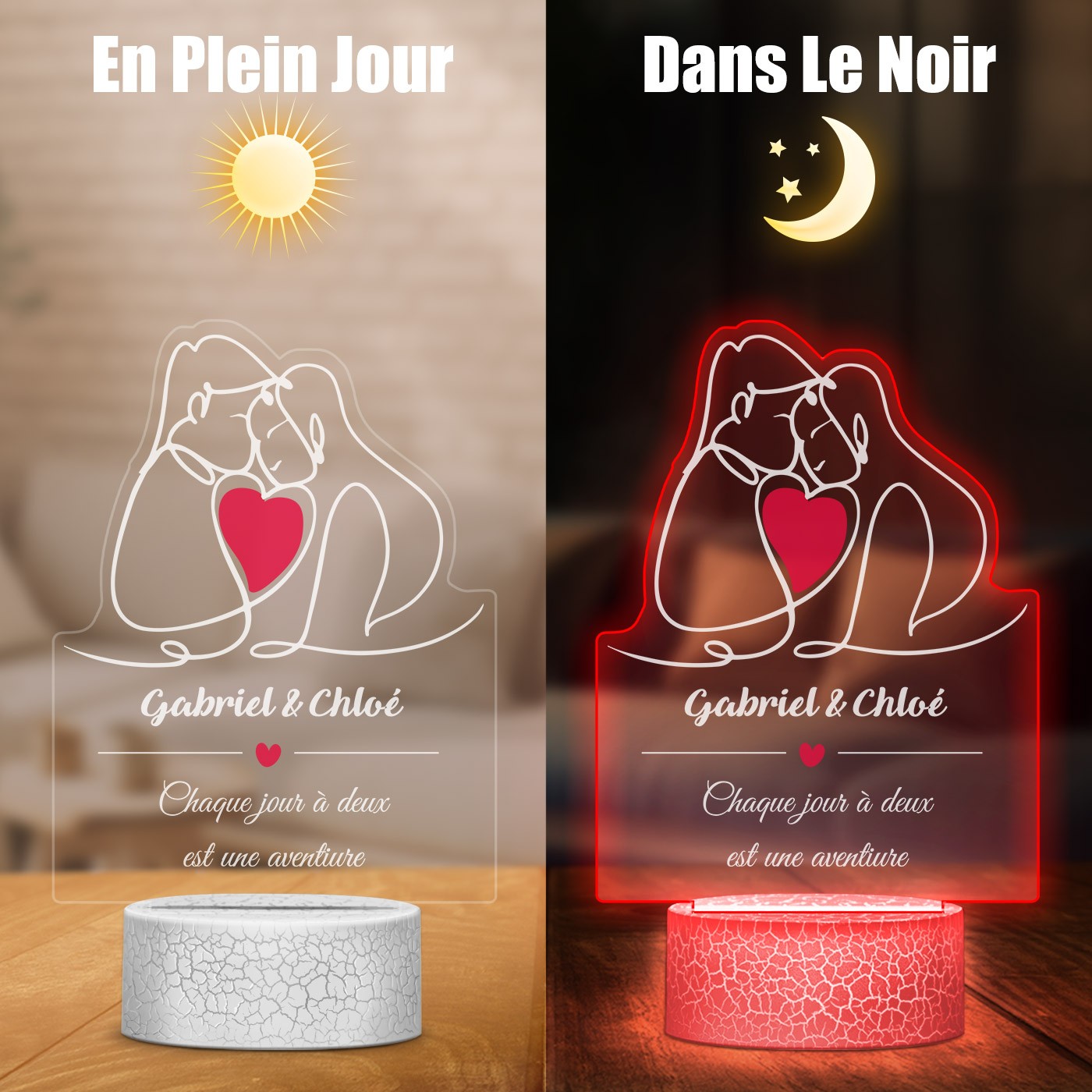 Murrano 3D LED Light with Custom Print for a Loving Couple