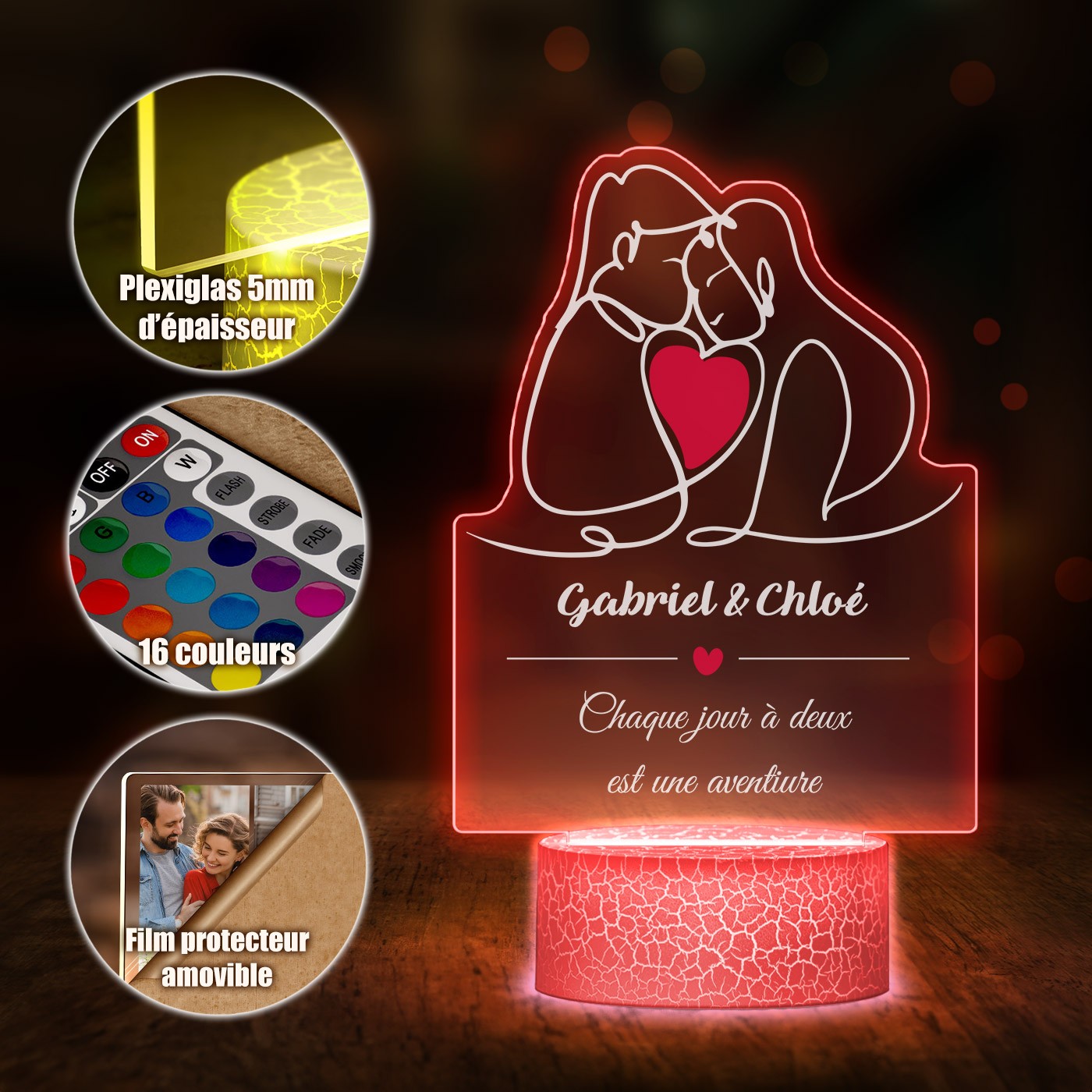Murrano 3D LED Light with Custom Print for a Loving Couple
