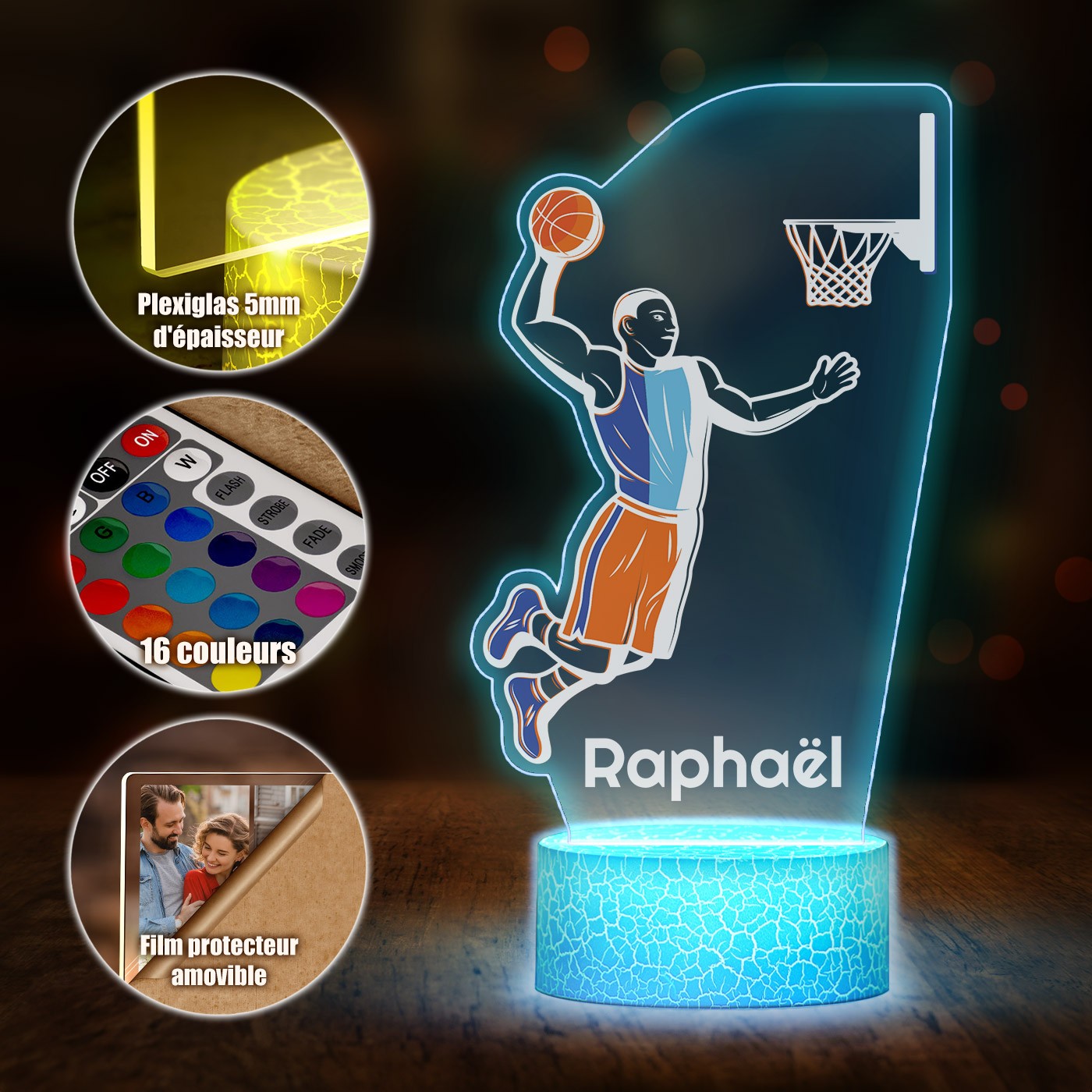 Lámpara LED 3D de Murrano con impresión de jugador de baloncesto