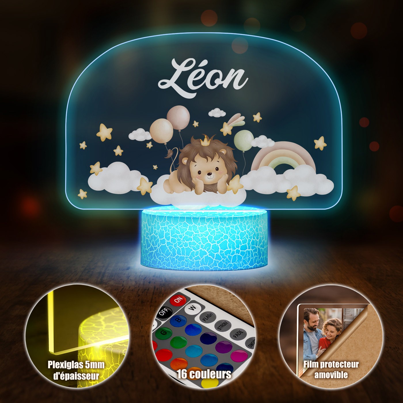 Lámpara LED 3D León Murrano - Un regalo personalizado para un niño