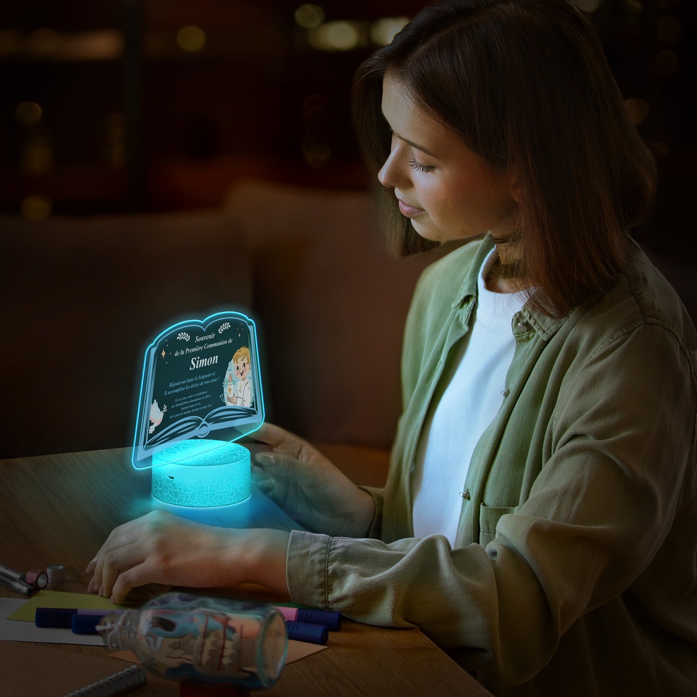 Lámpara LED Murrano 3D con impresión de primera comunión para él