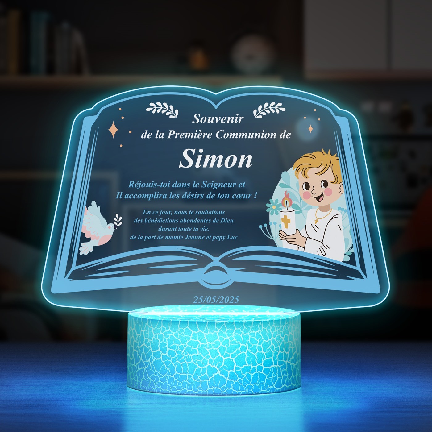 Lámpara LED Murrano 3D con impresión de primera comunión para él