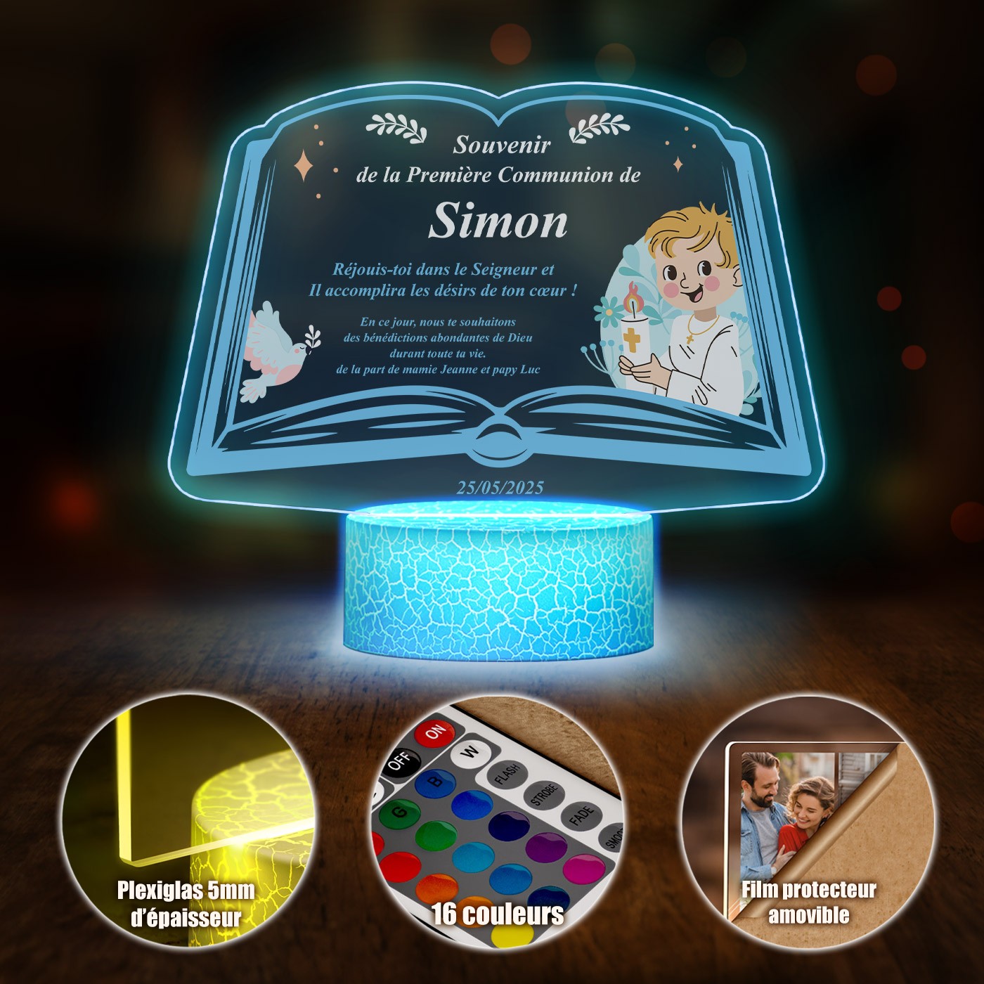 Lámpara LED Murrano 3D con impresión de primera comunión para él