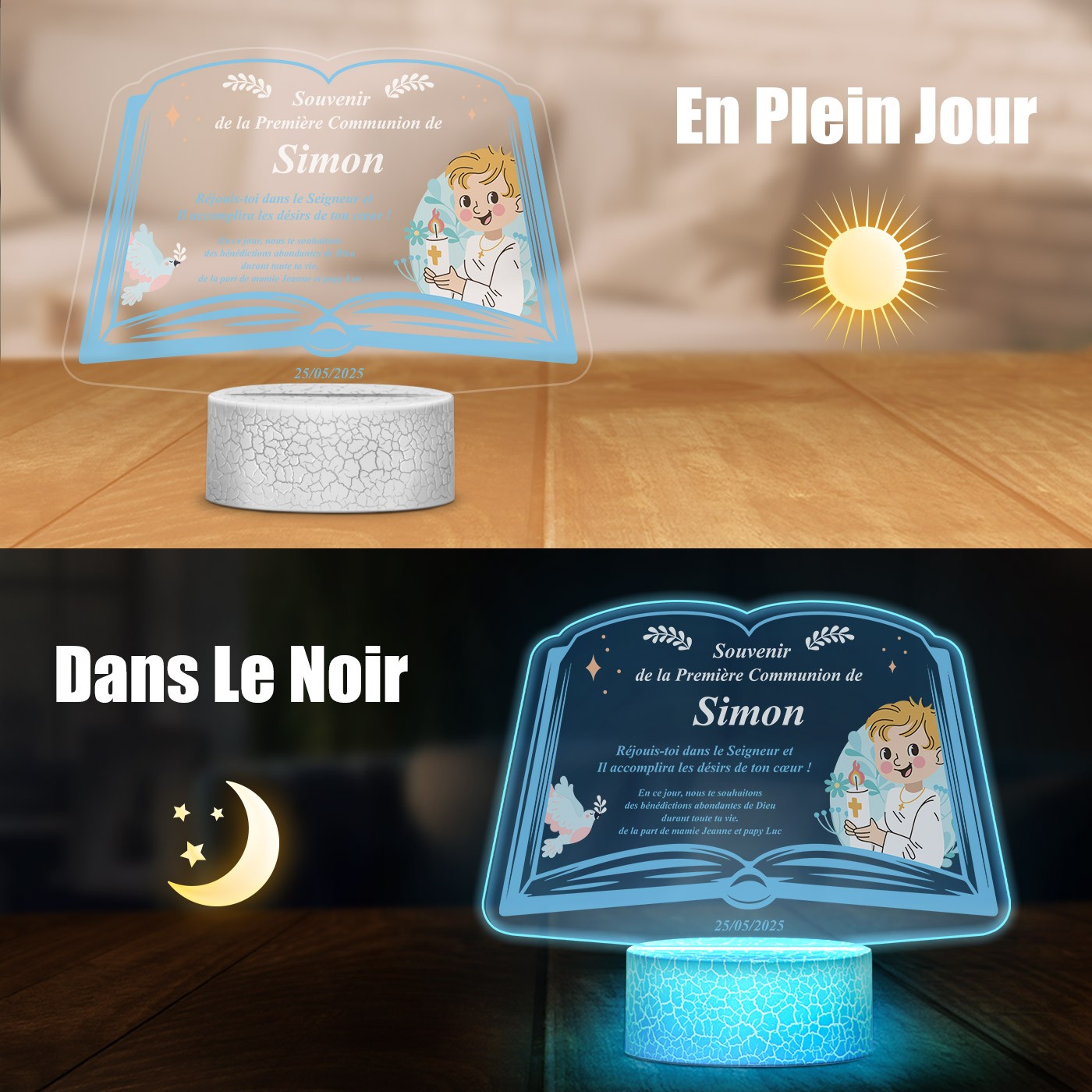 Lámpara LED Murrano 3D con impresión de primera comunión para él